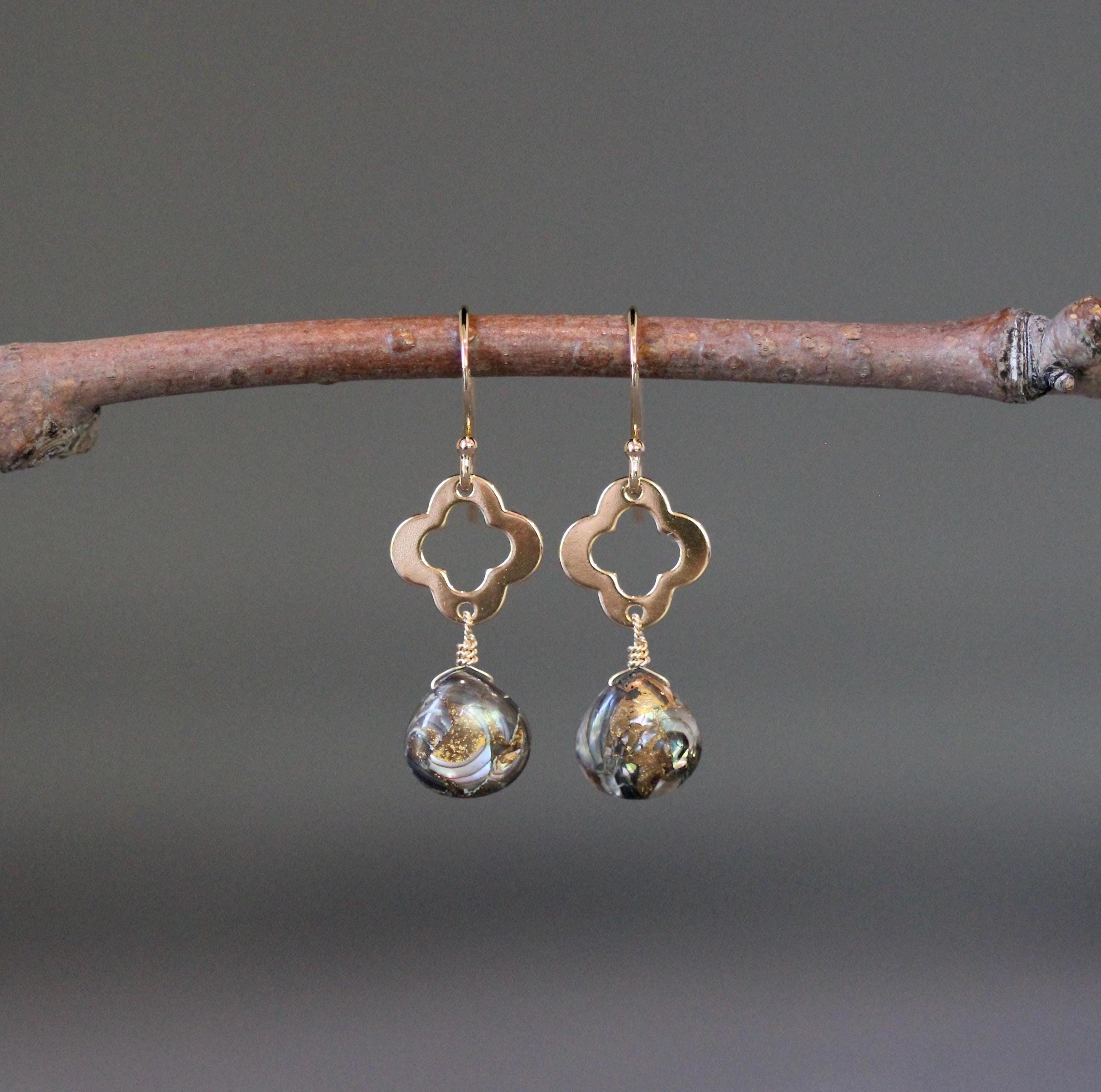 Bronze Abalone Teardrop Earrings on Gold Vermeil Clover Links
