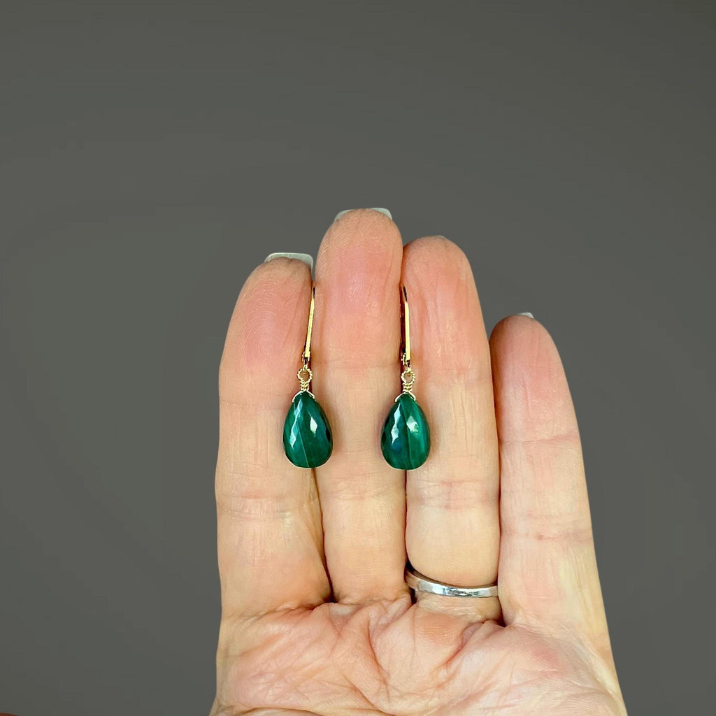 Malachite Teardrop Dangle Earrings on Gold Filled Leverbacks