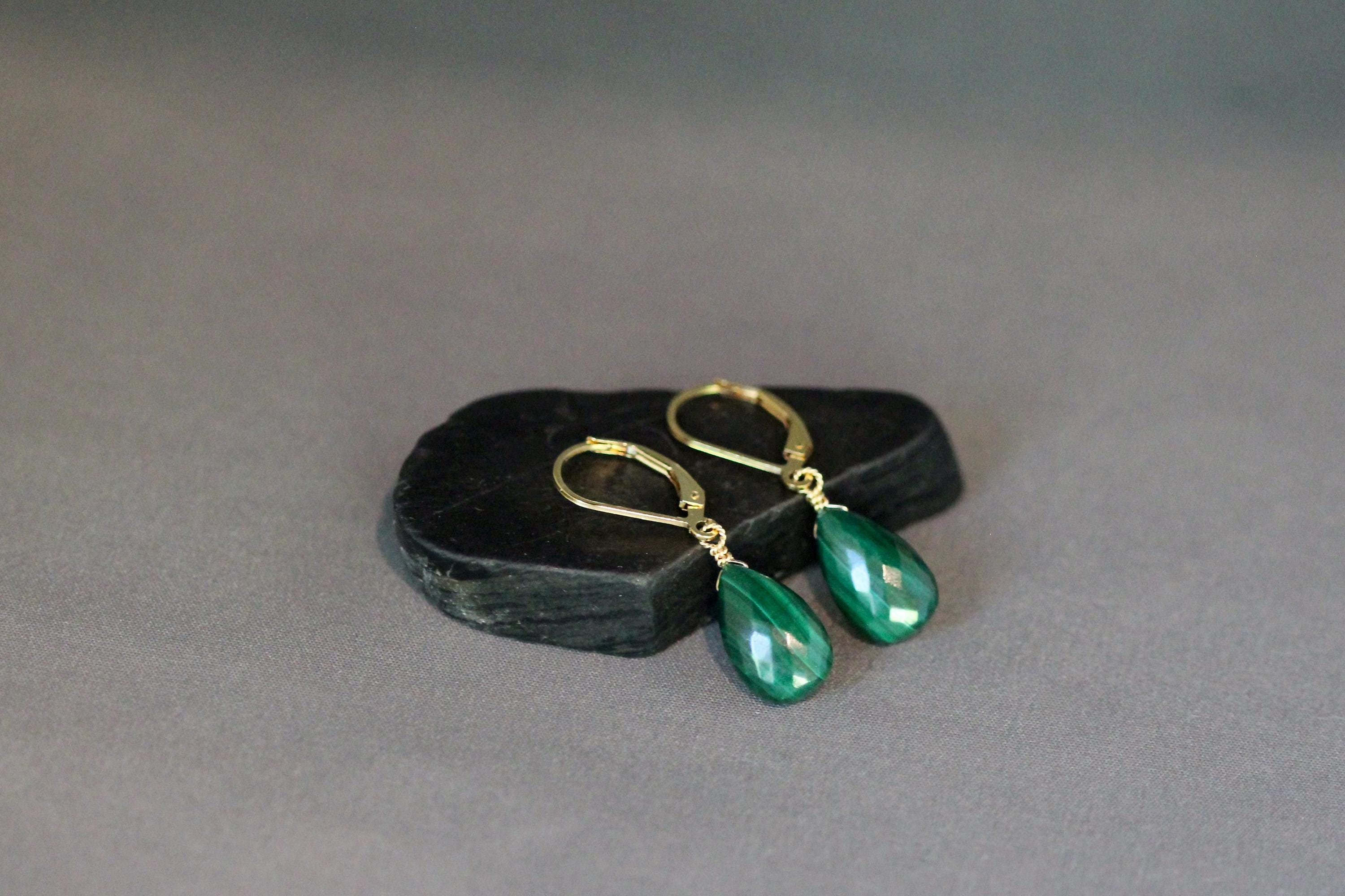 Malachite Teardrop Dangle Earrings on Gold Filled Leverbacks