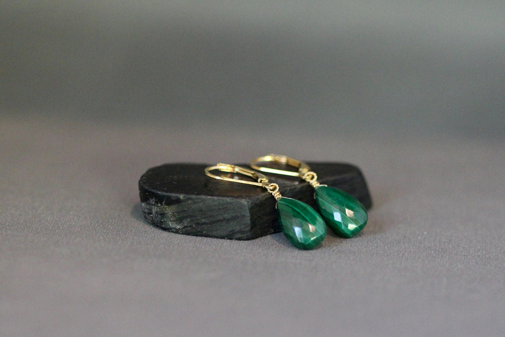 Malachite Teardrop Dangle Earrings on Gold Filled Leverbacks