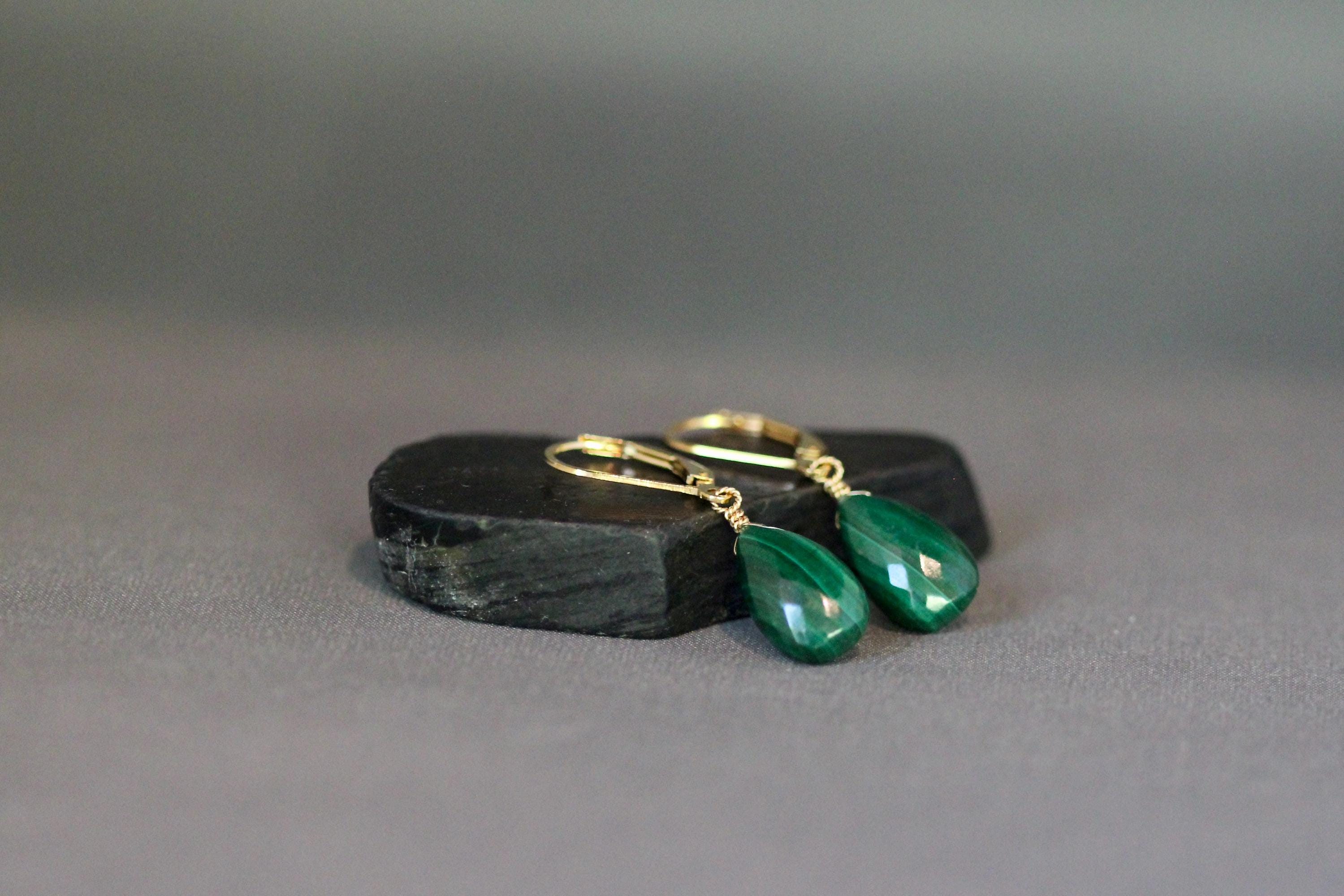 Malachite Teardrop Dangle Earrings on Gold Filled Leverbacks