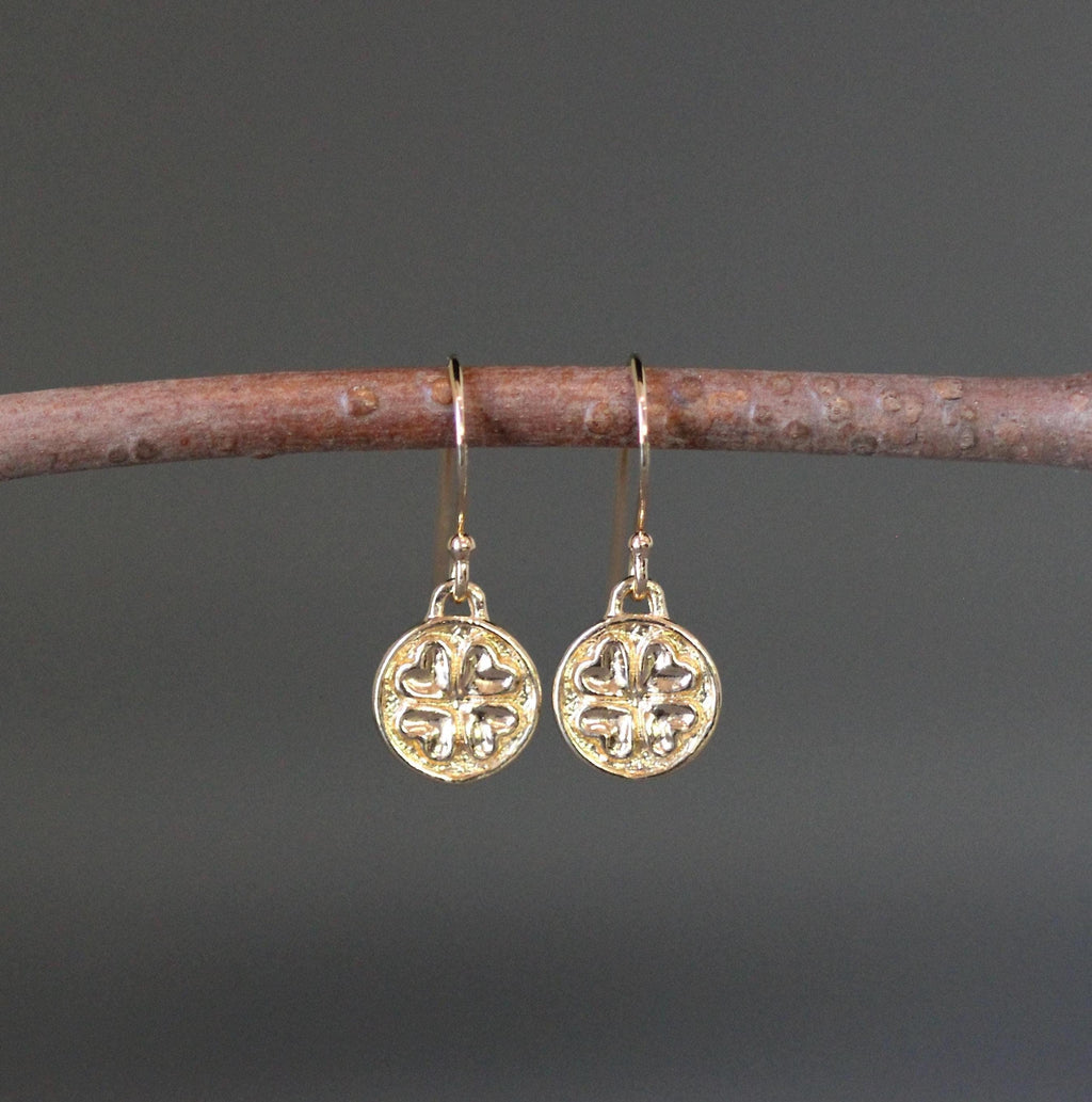 Gold Vermeil Four-Leaf Clover and Heart Coin Charm Earrings