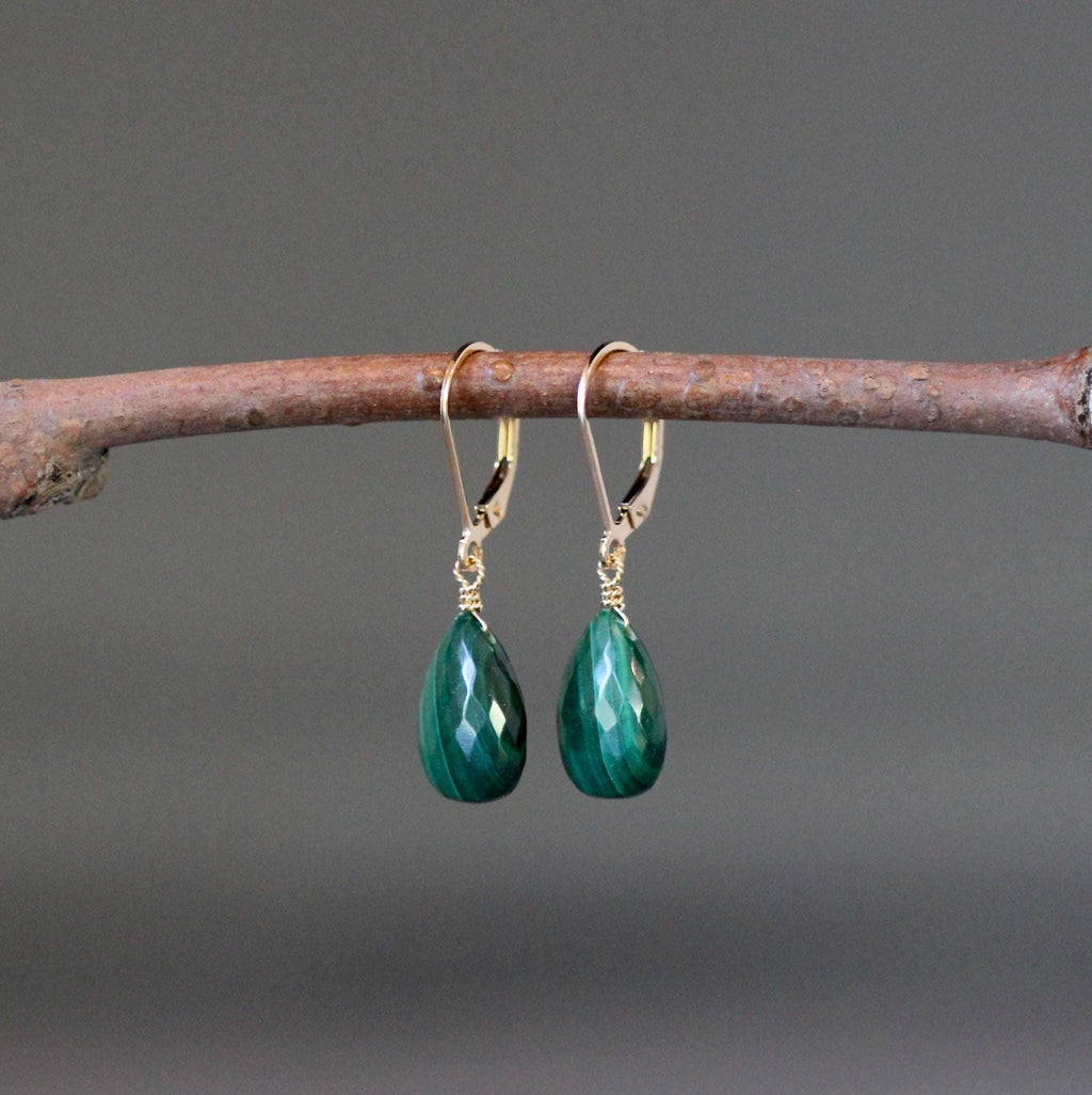 Malachite Teardrop Dangle Earrings on Gold Filled Leverbacks