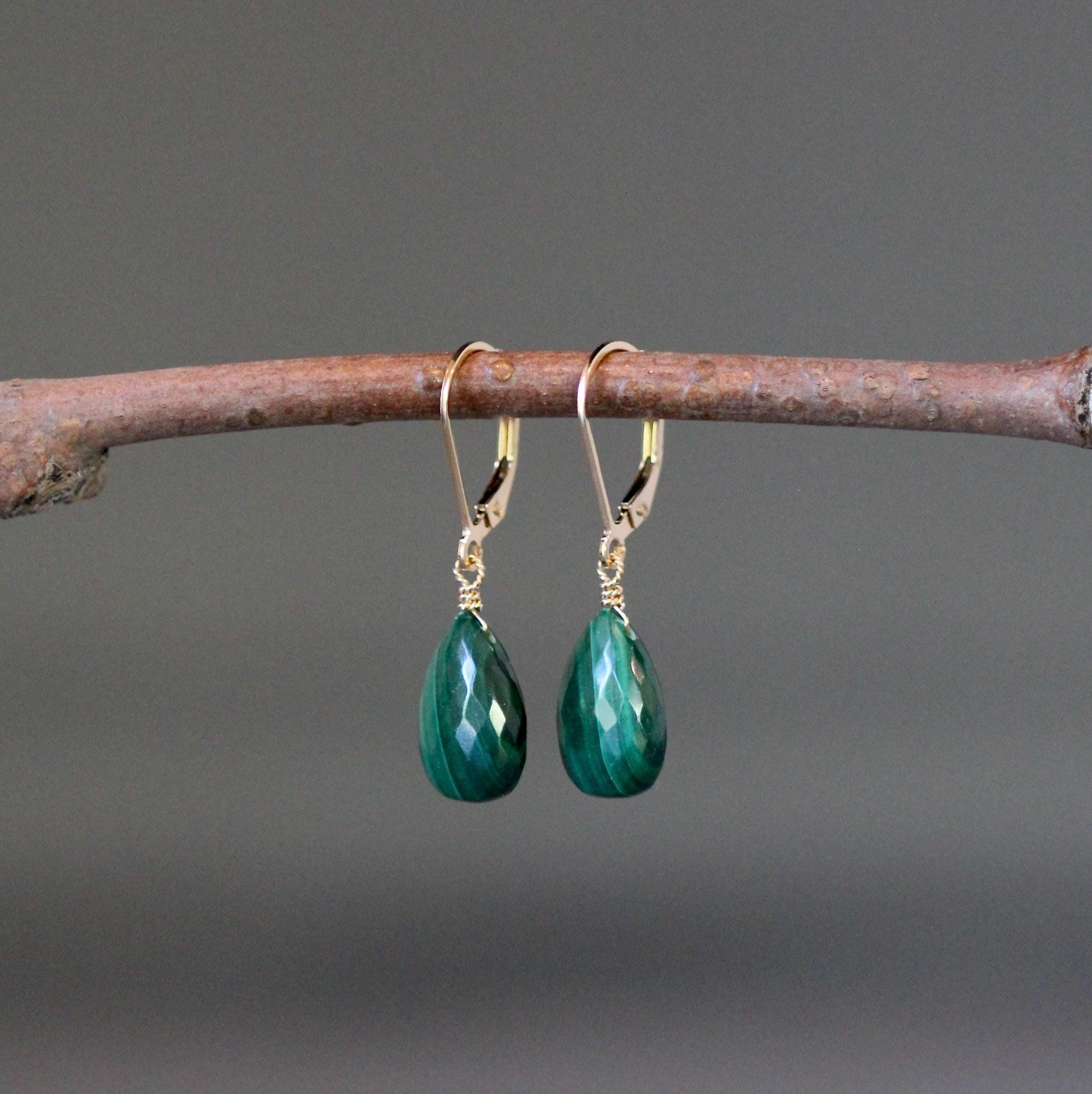 Malachite Teardrop Dangle Earrings on Gold Filled Leverbacks