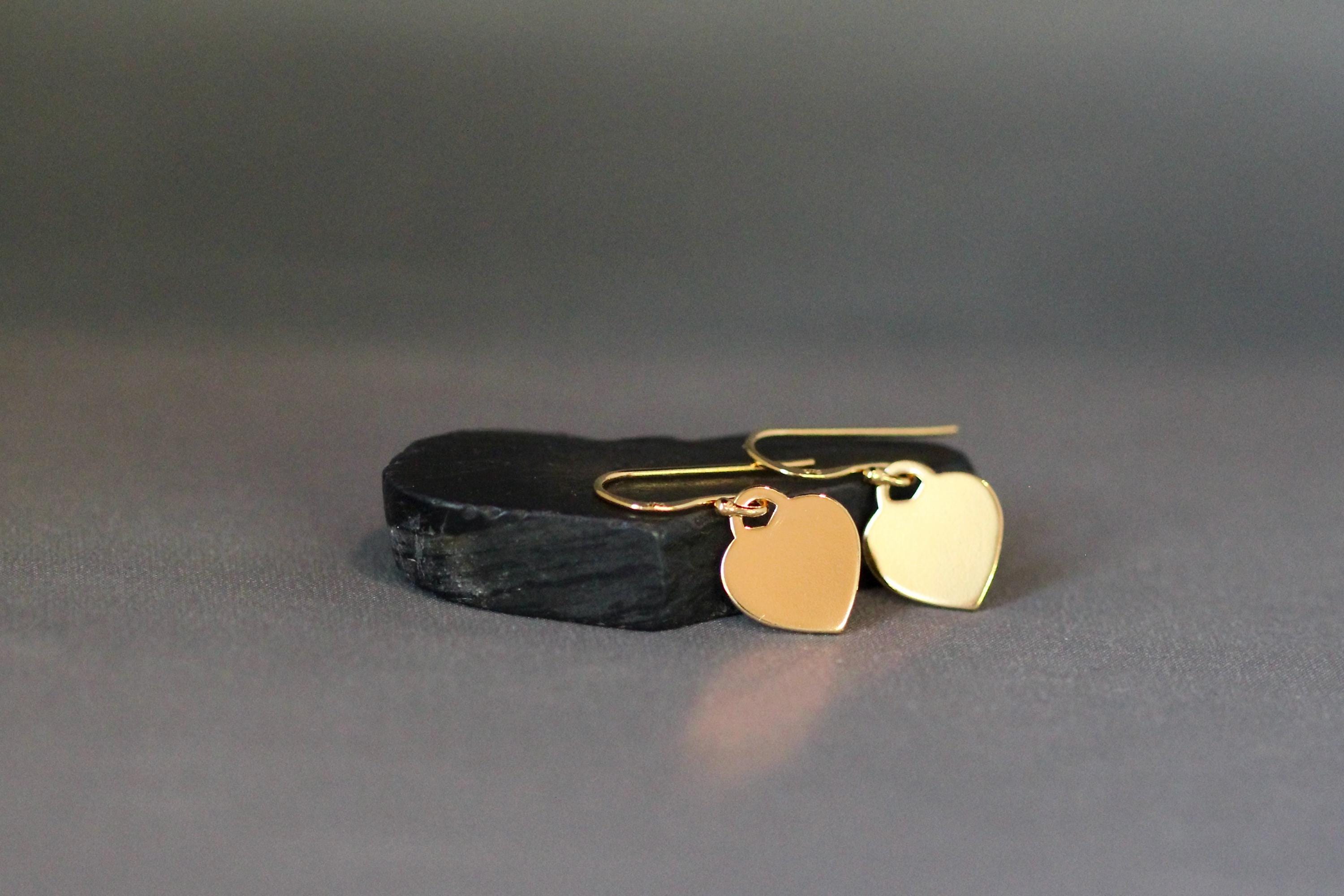 Gold Vermeil Flat Heart Tag Charm Dangle Earrings