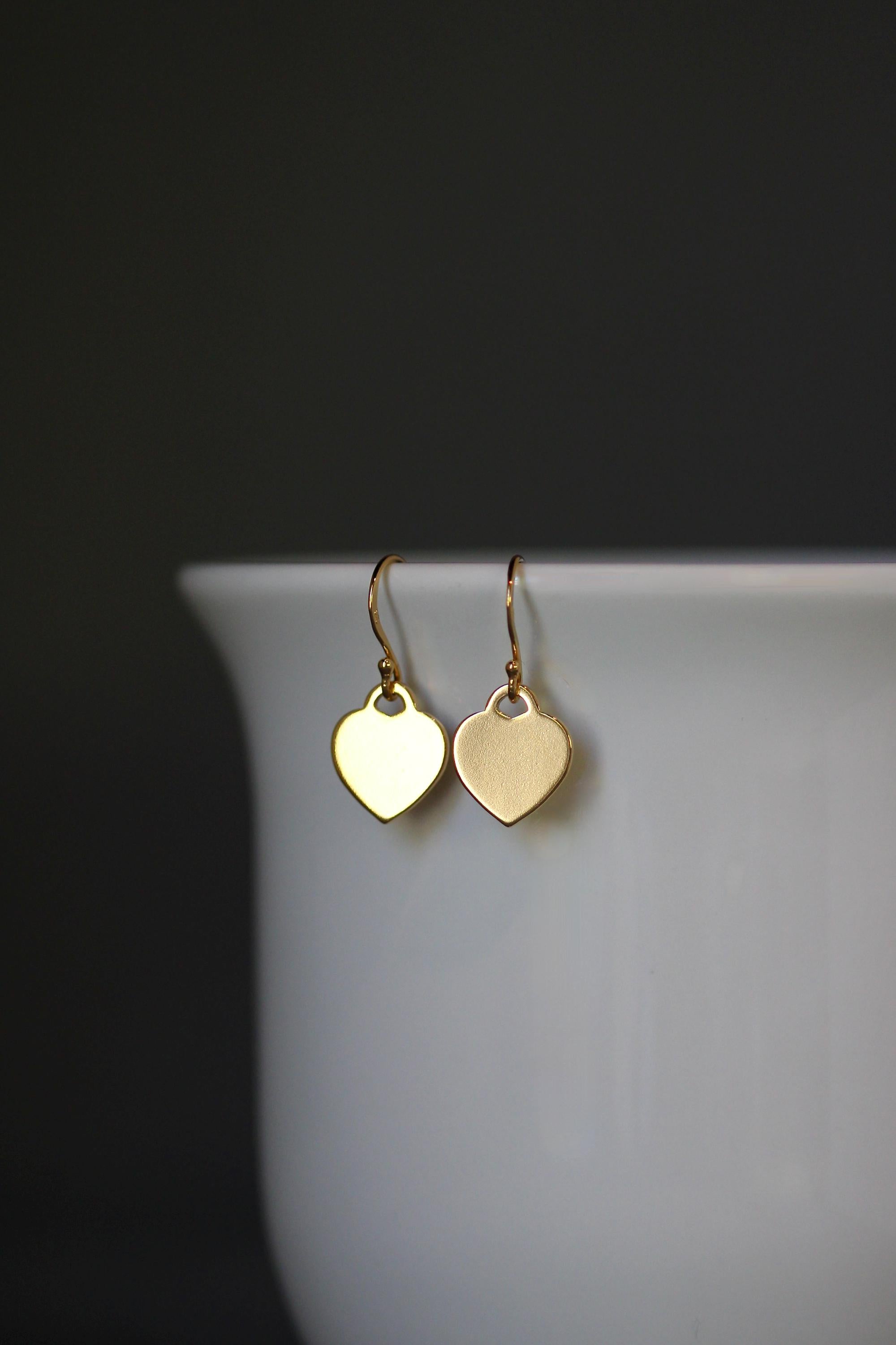 Gold Vermeil Flat Heart Tag Charm Dangle Earrings