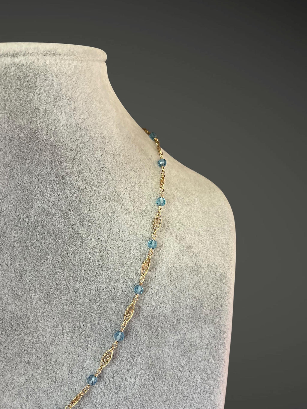 Blue Topaz and Gold Filled Filigree Link Chain Necklace