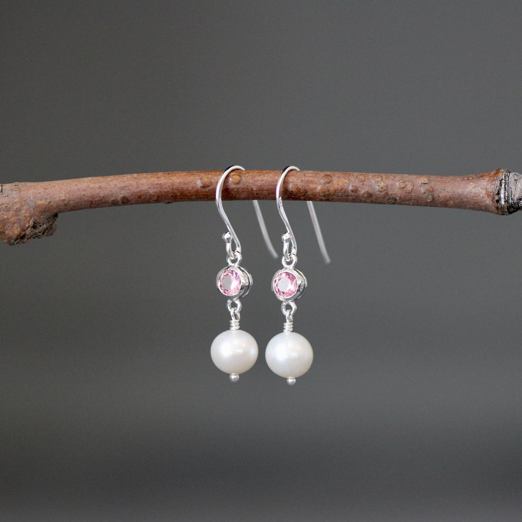 Pink Tourmaline and Freshwater Pearl Dangle Earrings in Sterling Silver
