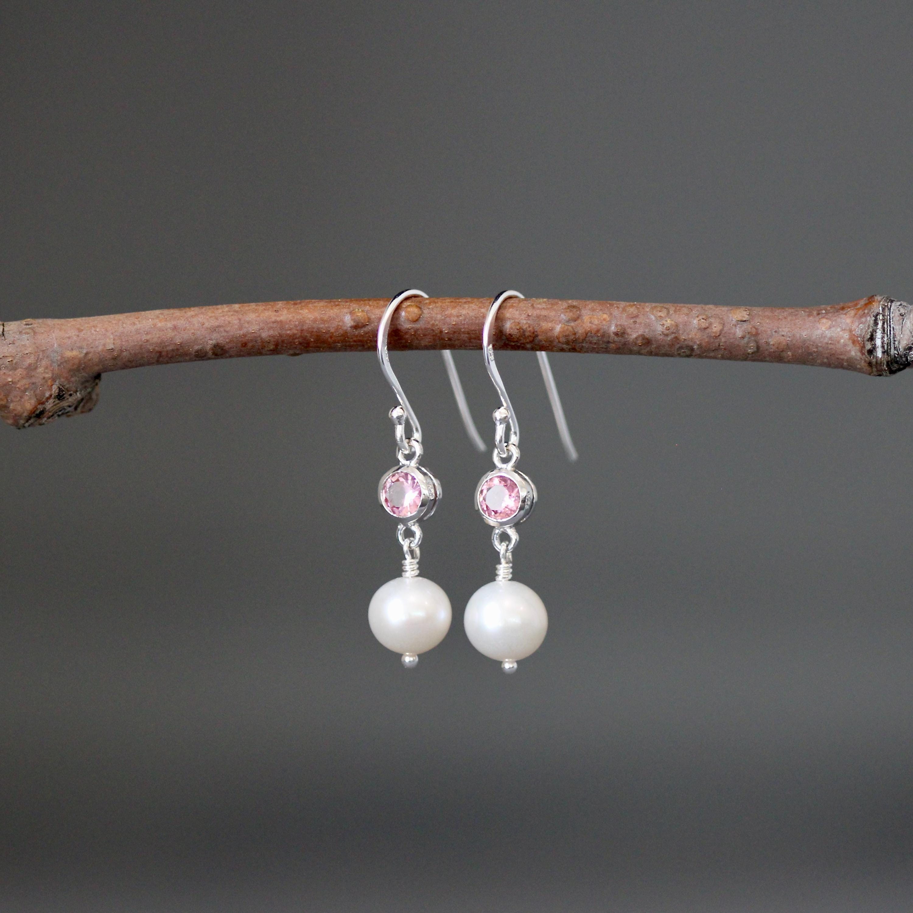Pink Tourmaline and Freshwater Pearl Dangle Earrings in Sterling Silver