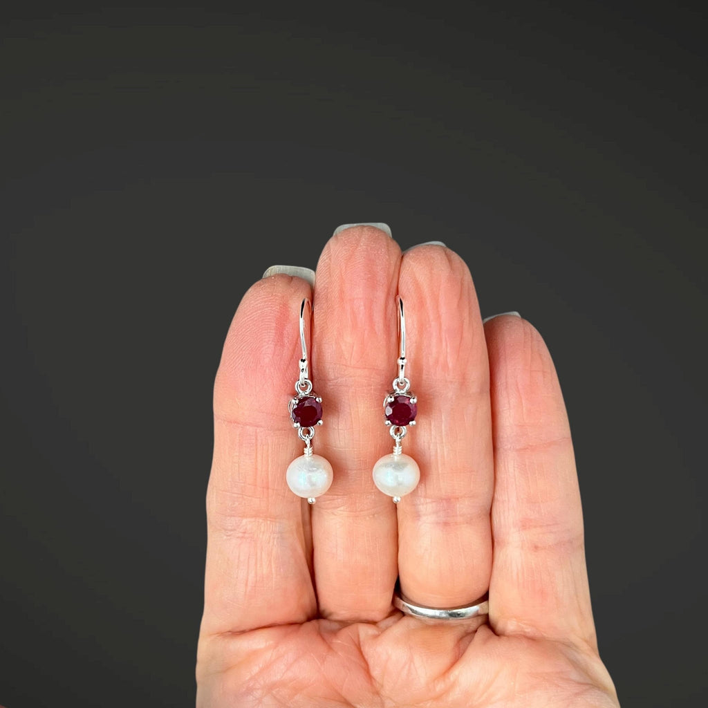 Ruby and Freshwater Pearl Sterling Silver Dangle Earrings