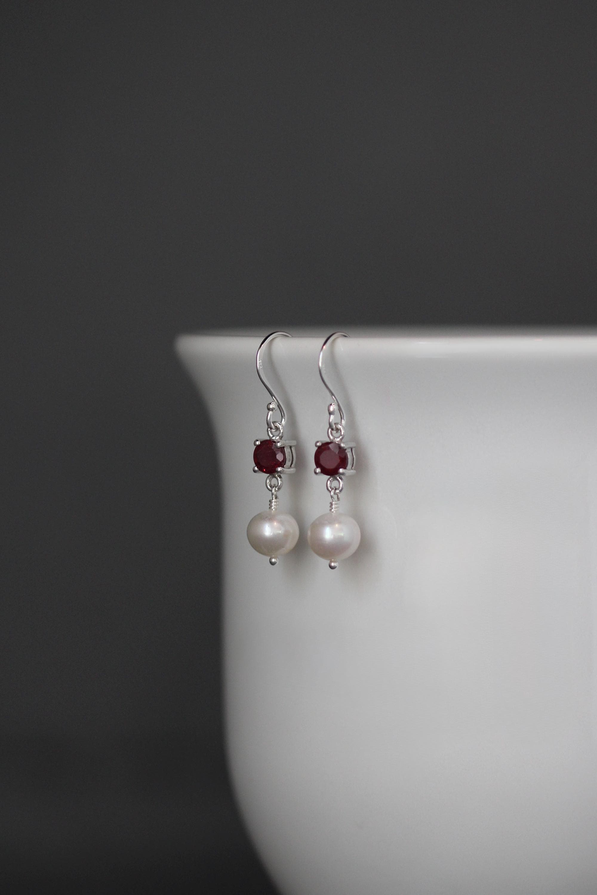 Ruby and Freshwater Pearl Sterling Silver Dangle Earrings