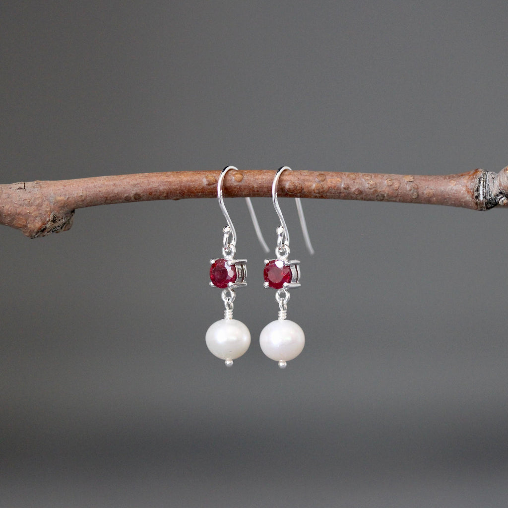 Ruby and Freshwater Pearl Sterling Silver Dangle Earrings