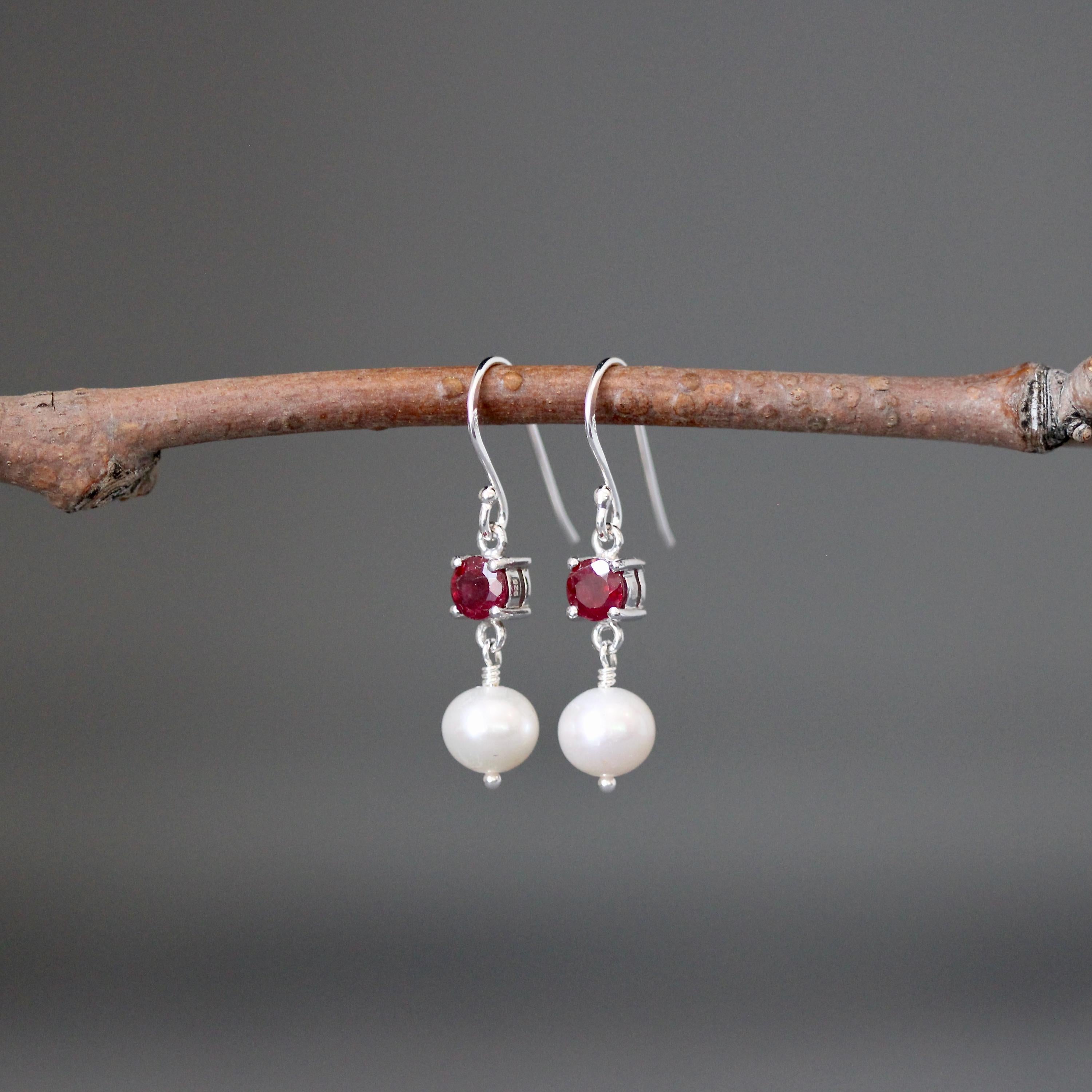Ruby and Freshwater Pearl Sterling Silver Dangle Earrings