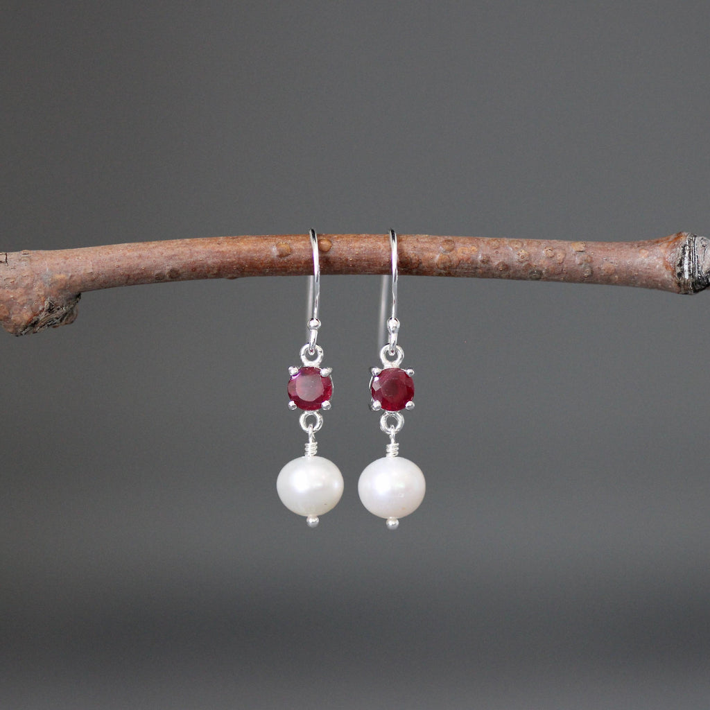 Ruby and Freshwater Pearl Sterling Silver Dangle Earrings