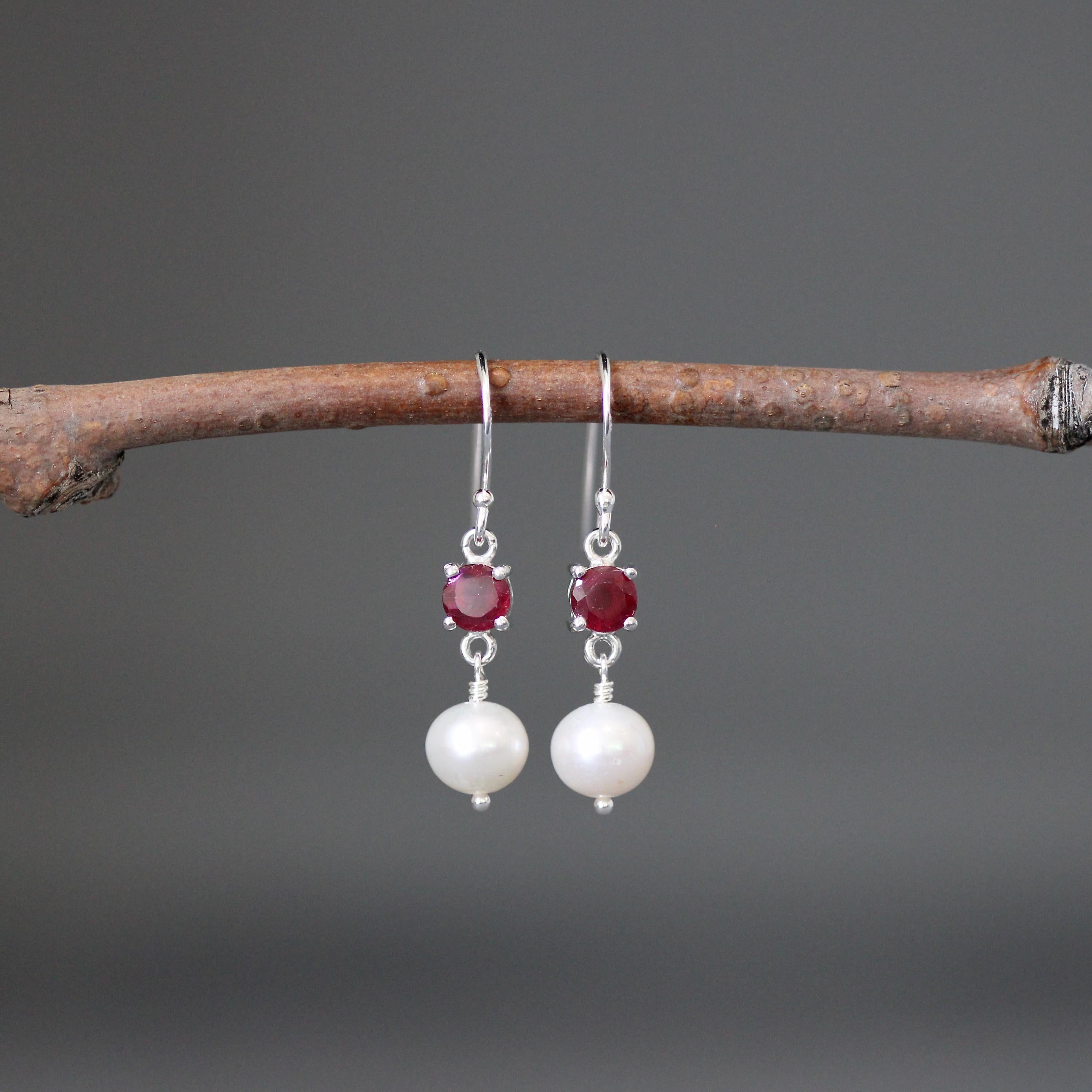 Ruby and Freshwater Pearl Sterling Silver Dangle Earrings