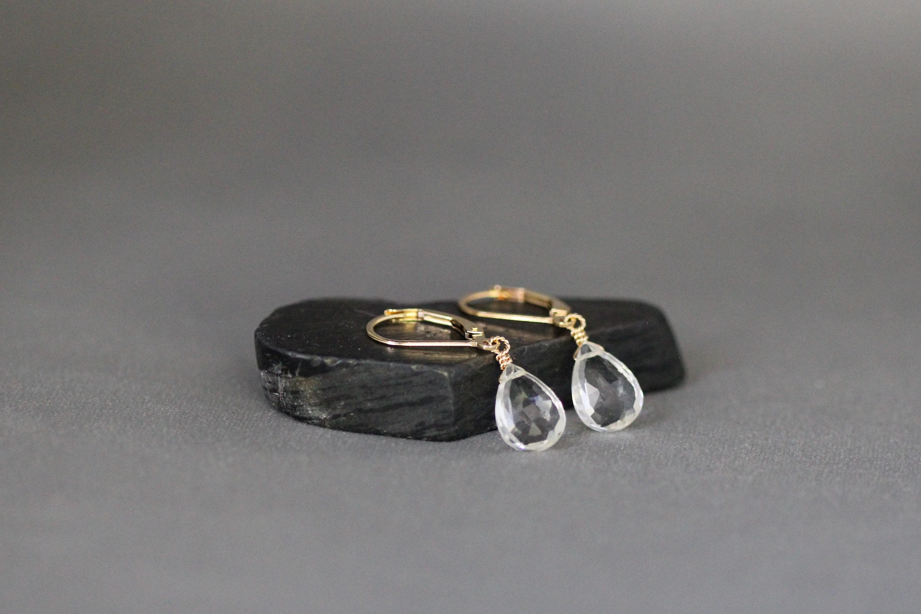 Clear Quartz Crystal Teardrop Earrings on Gold Filled Leverbacks