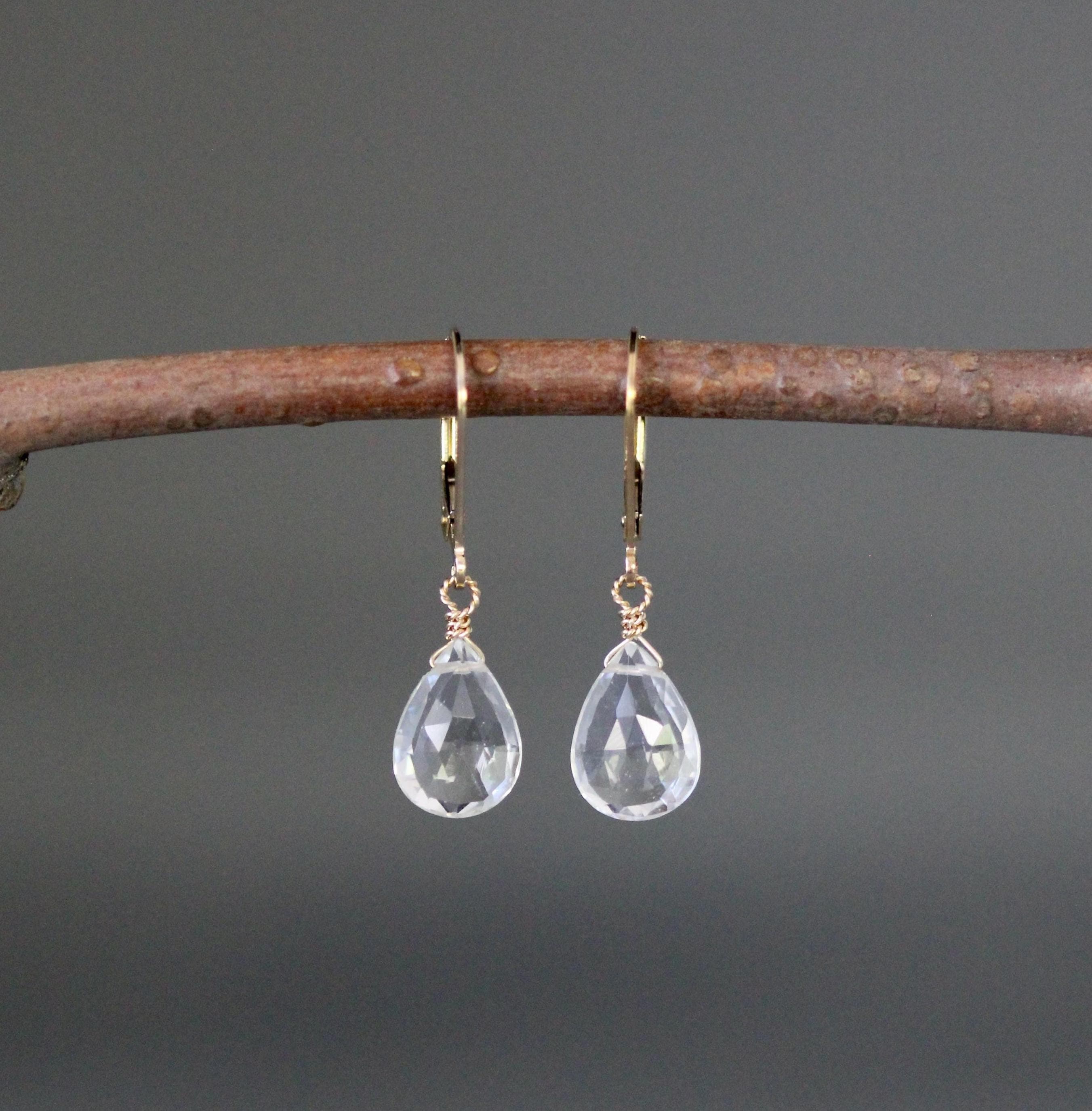 Clear Quartz Crystal Teardrop Earrings on Gold Filled Leverbacks