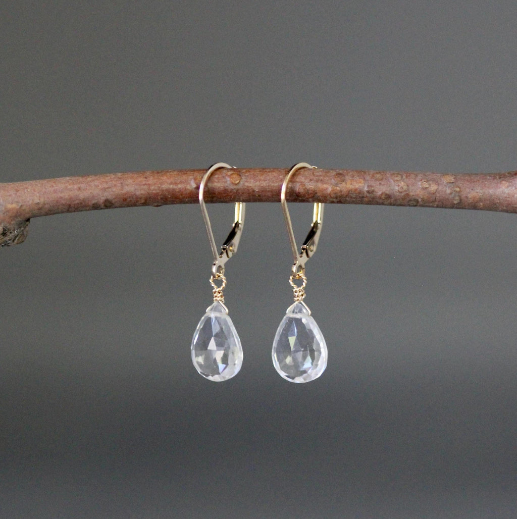Clear Quartz Crystal Teardrop Earrings on Gold Filled Leverbacks