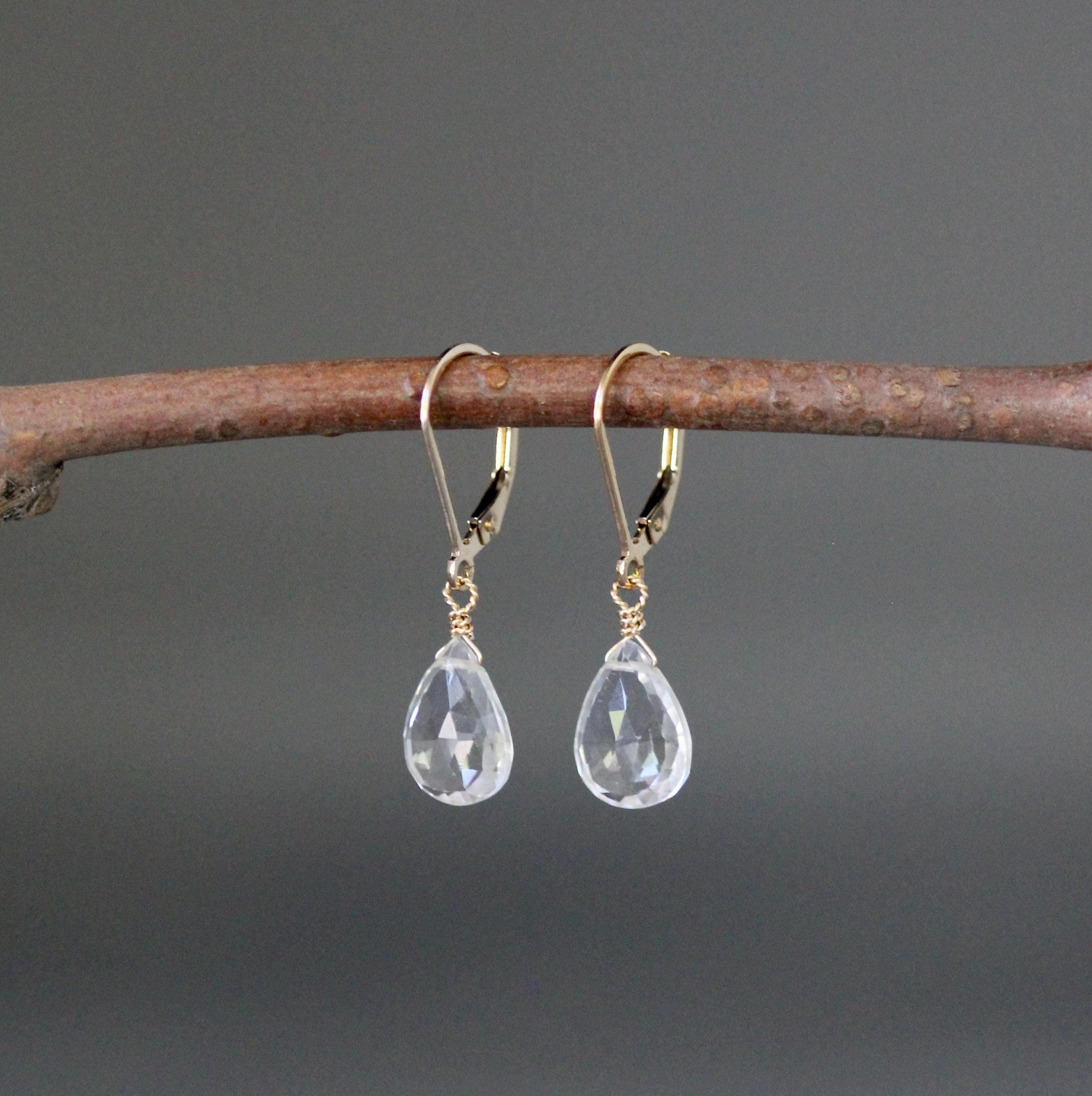 Clear Quartz Crystal Teardrop Earrings on Gold Filled Leverbacks