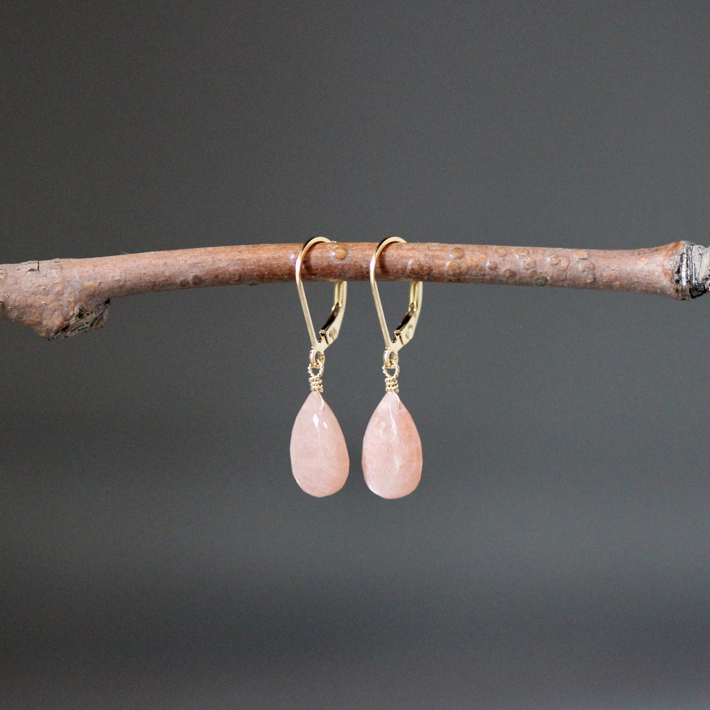 Peach Moonstone Teardrop Dangle Earrings in Gold Filled with Leverback Earwires
