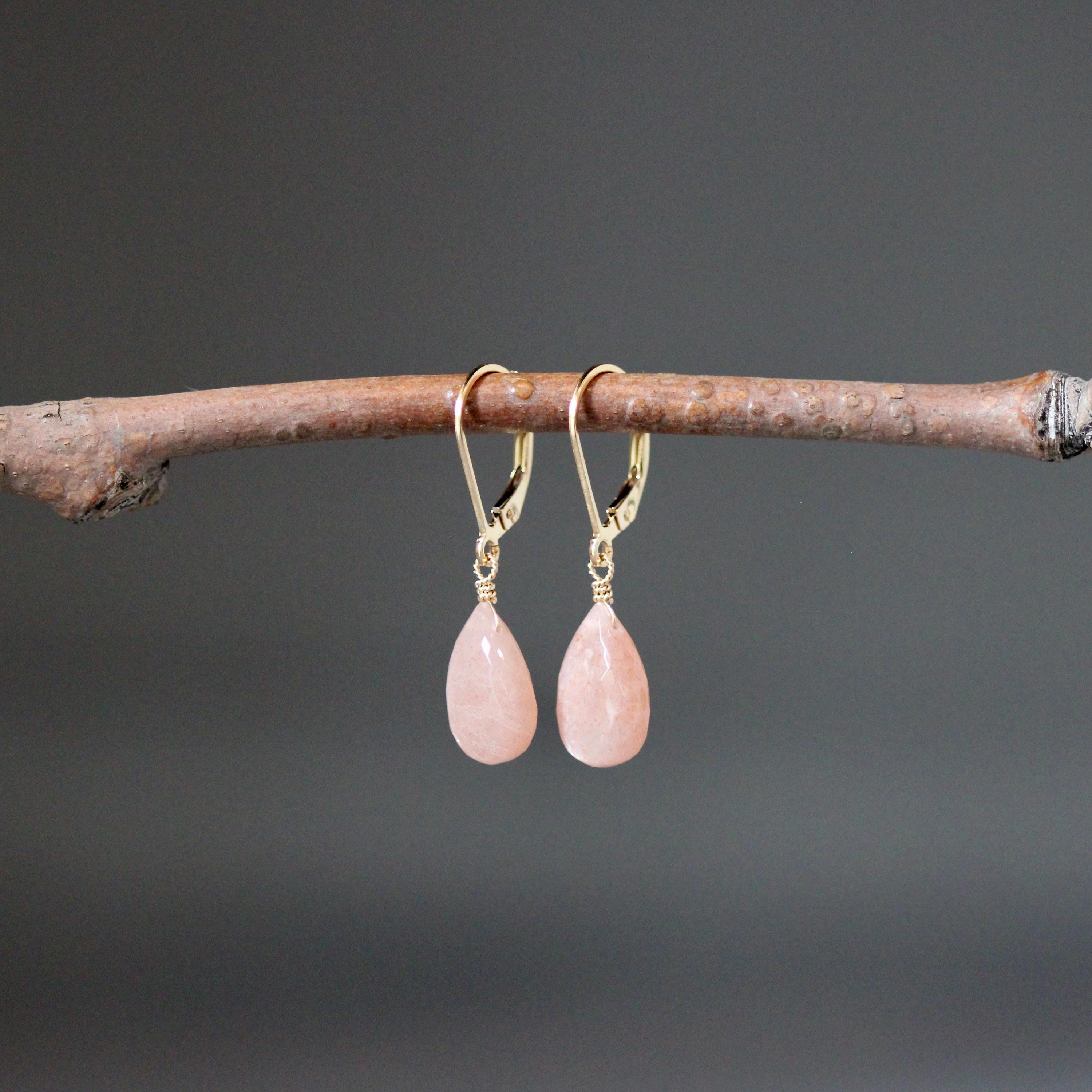 Peach Moonstone Teardrop Dangle Earrings in Gold Filled with Leverback Earwires