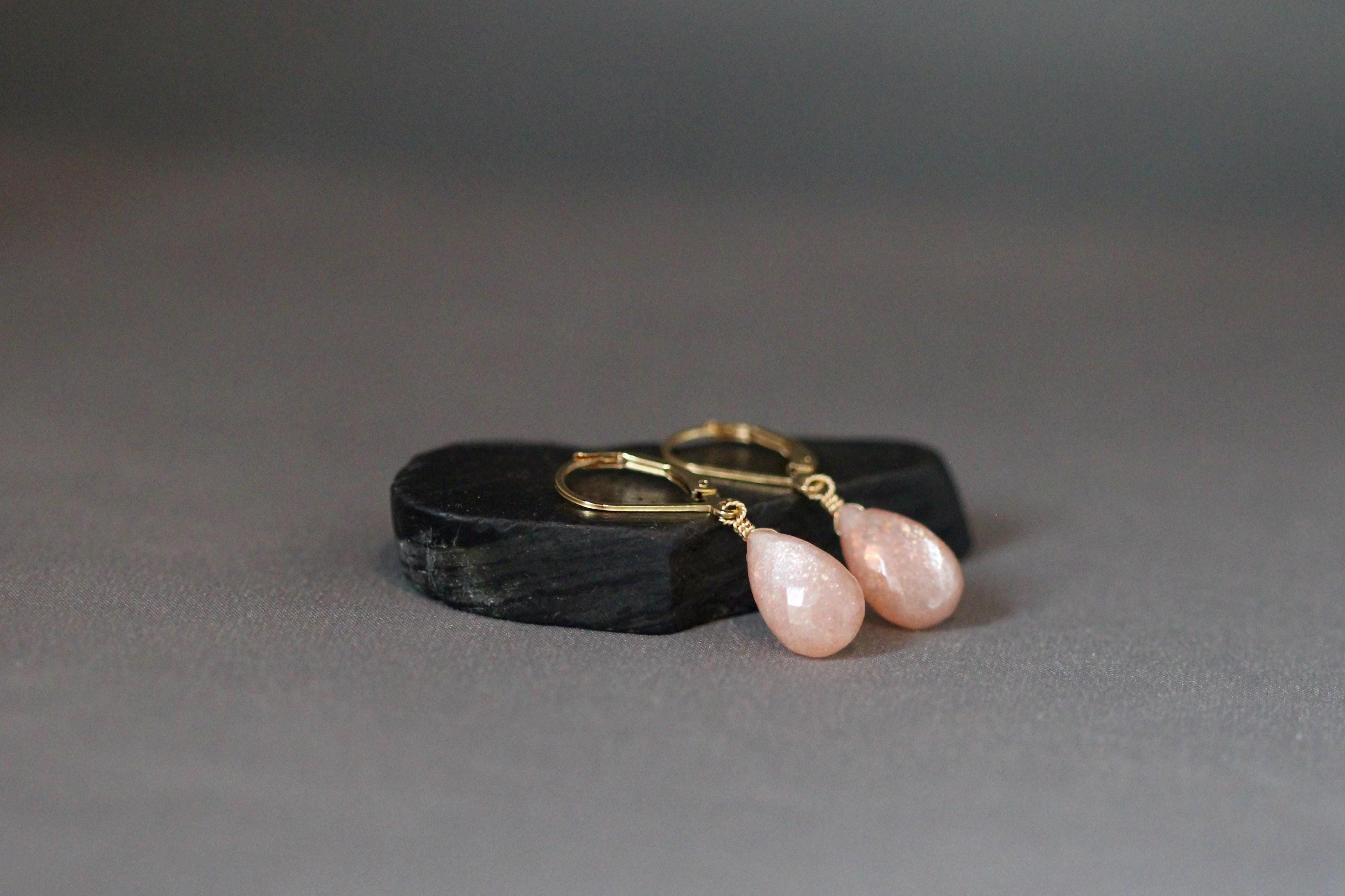 Peach Moonstone Teardrop Dangle Earrings in Gold Filled with Leverback Earwires