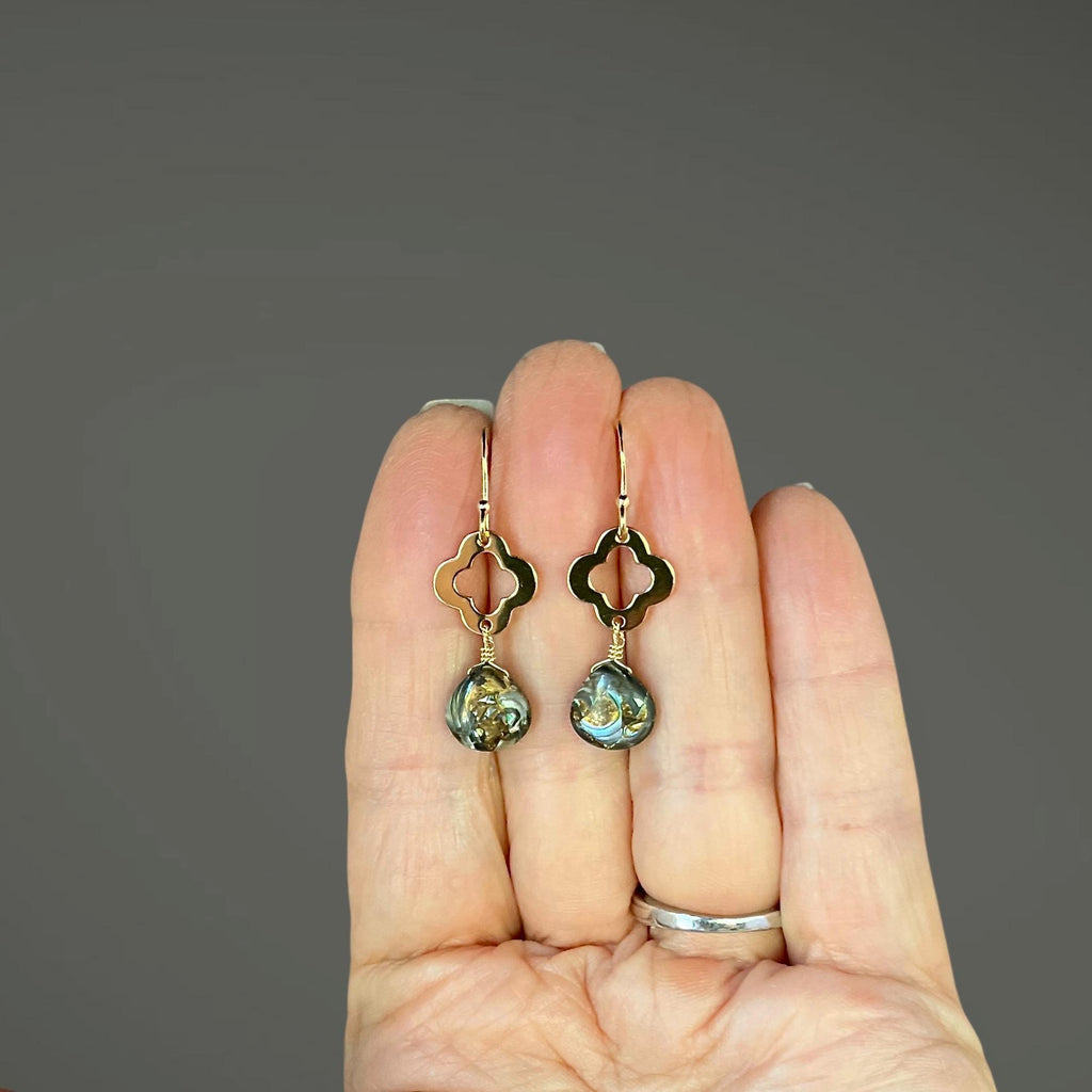 Bronze Abalone Teardrop Earrings on Gold Vermeil Clover Links