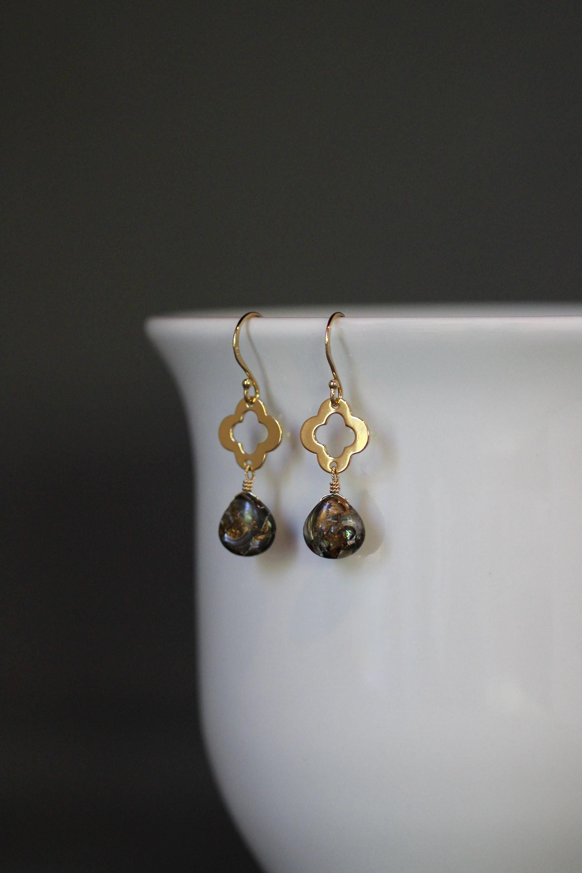 Bronze Abalone Teardrop Earrings on Gold Vermeil Clover Links