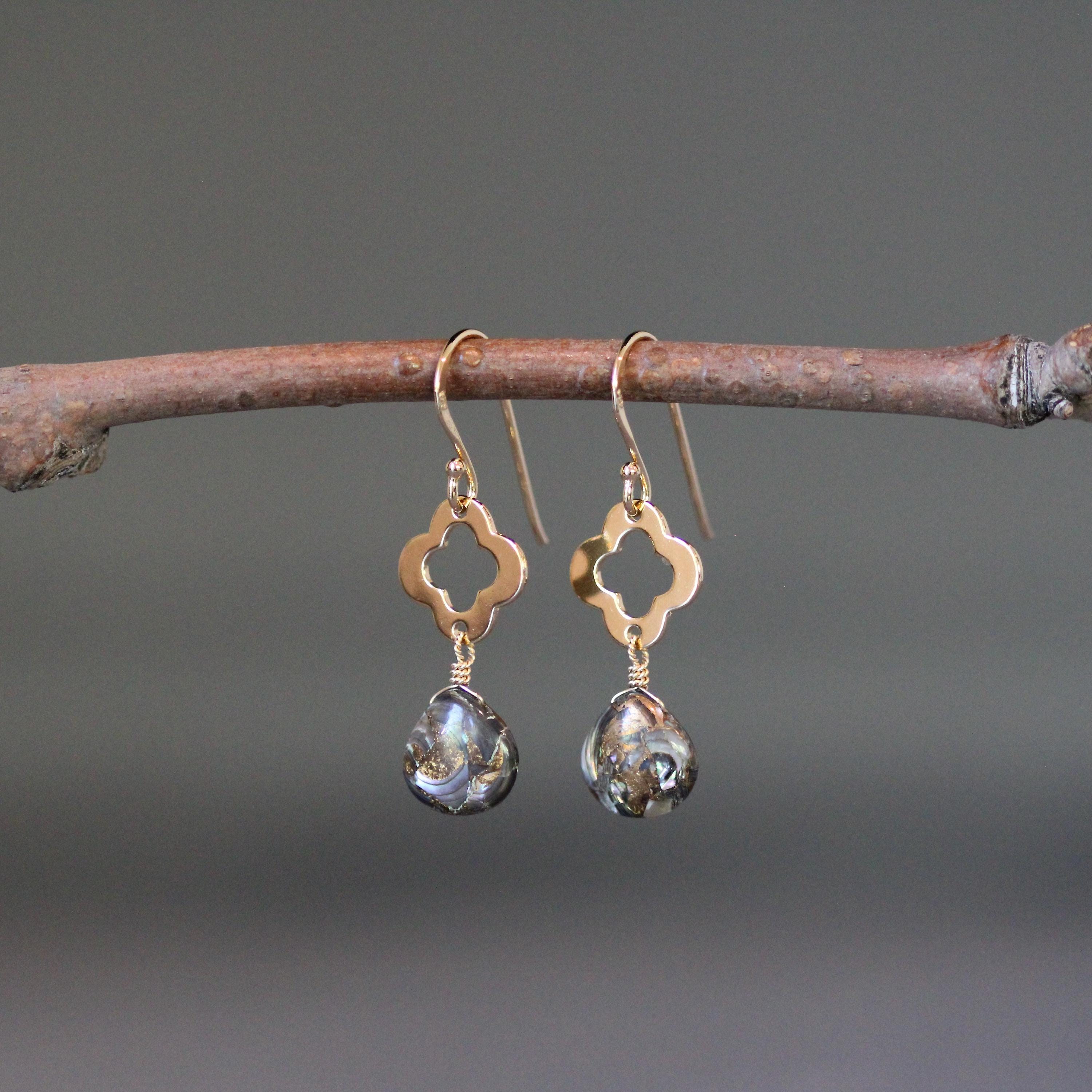 Bronze Abalone Teardrop Earrings on Gold Vermeil Clover Links