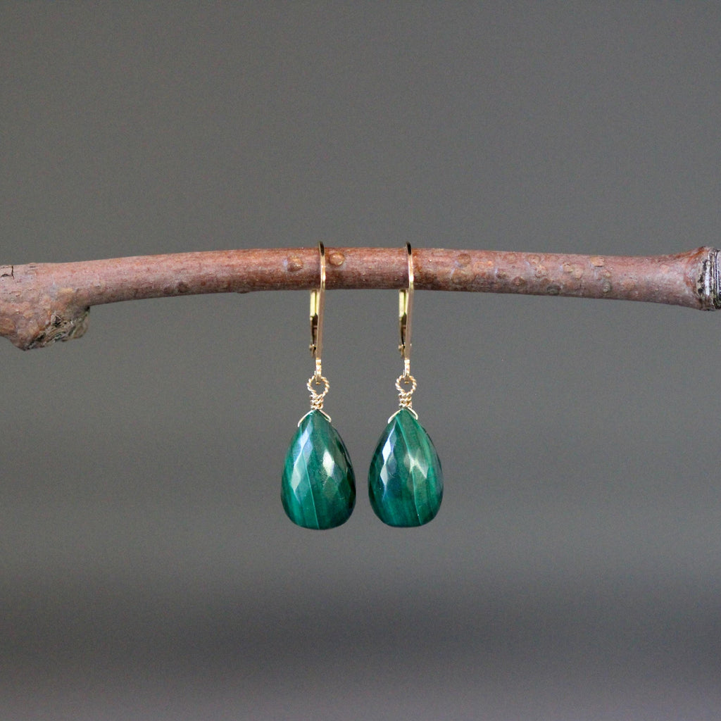 Malachite Teardrop Dangle Earrings on Gold Filled Leverbacks