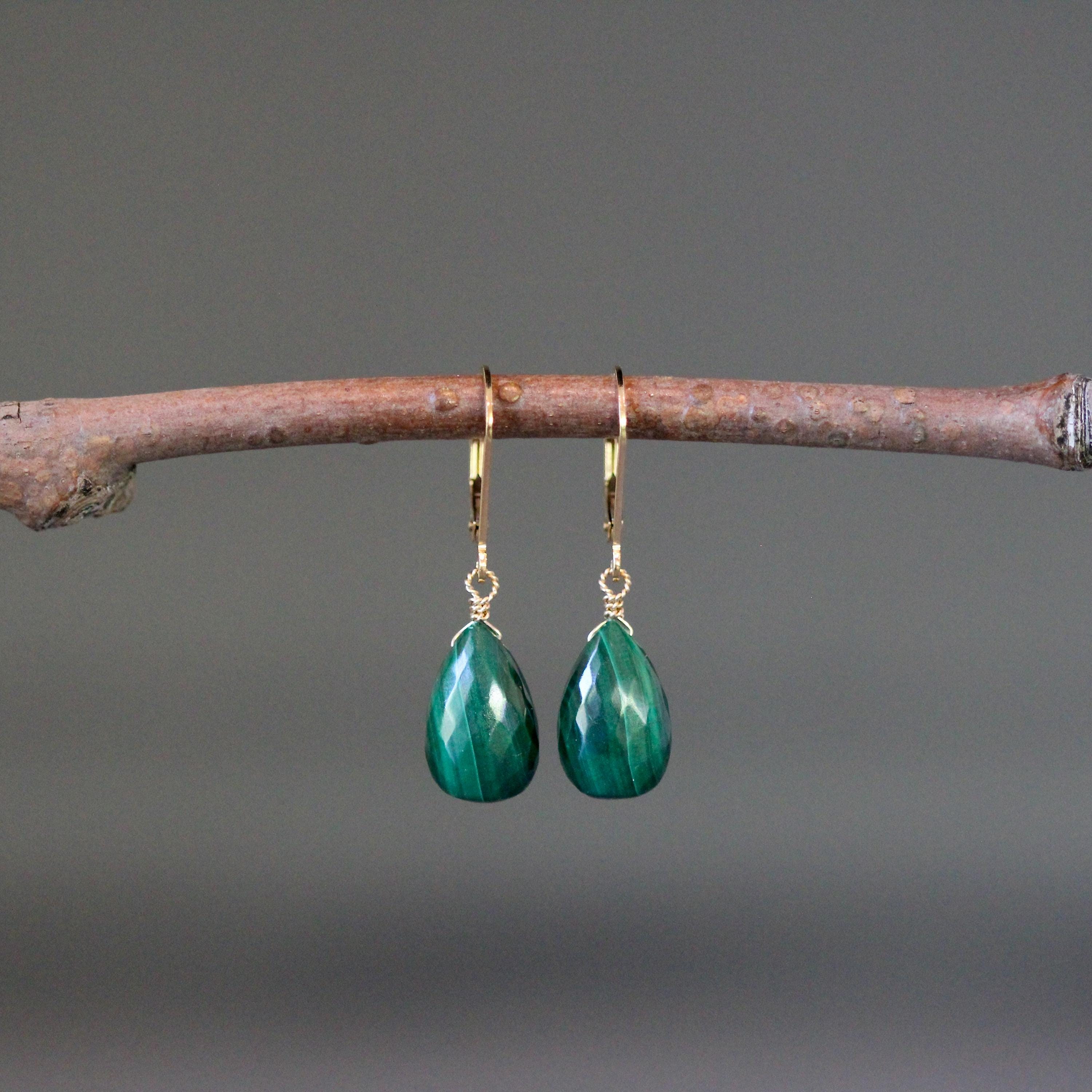 Malachite Teardrop Dangle Earrings on Gold Filled Leverbacks