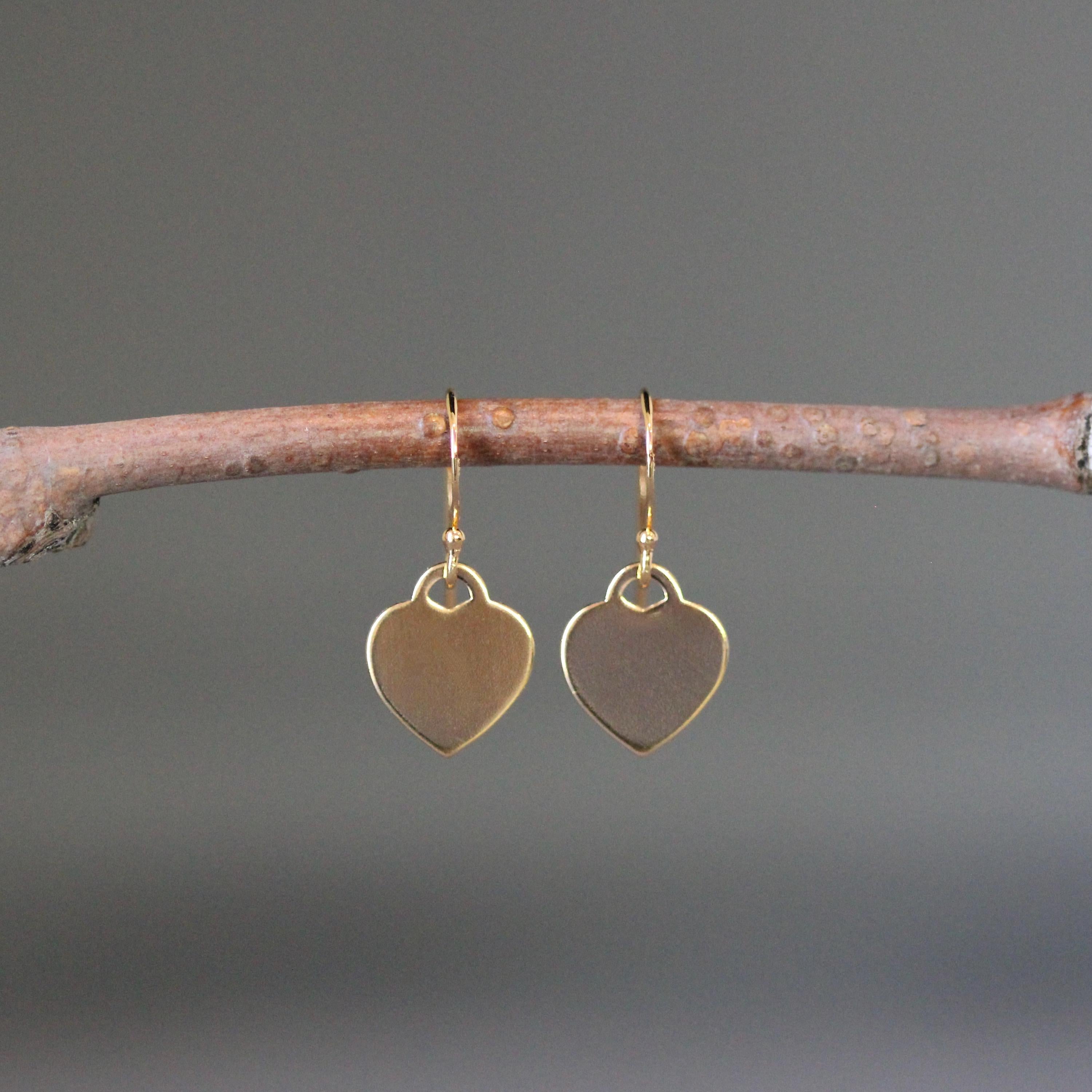 Gold Vermeil Flat Heart Tag Charm Dangle Earrings