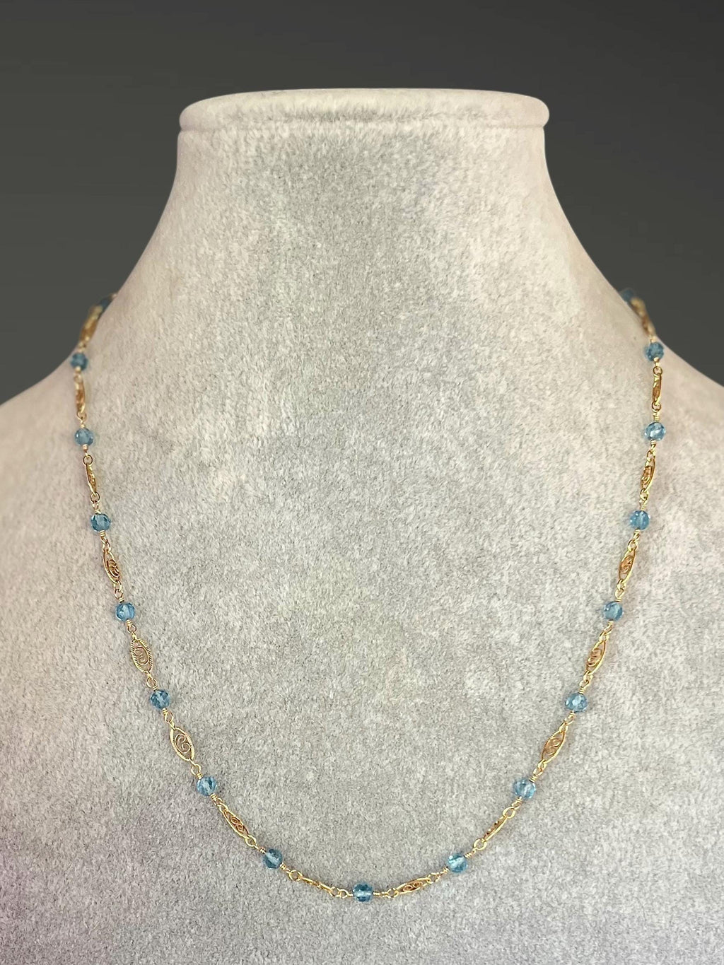 Blue Topaz and Gold Filled Filigree Link Chain Necklace