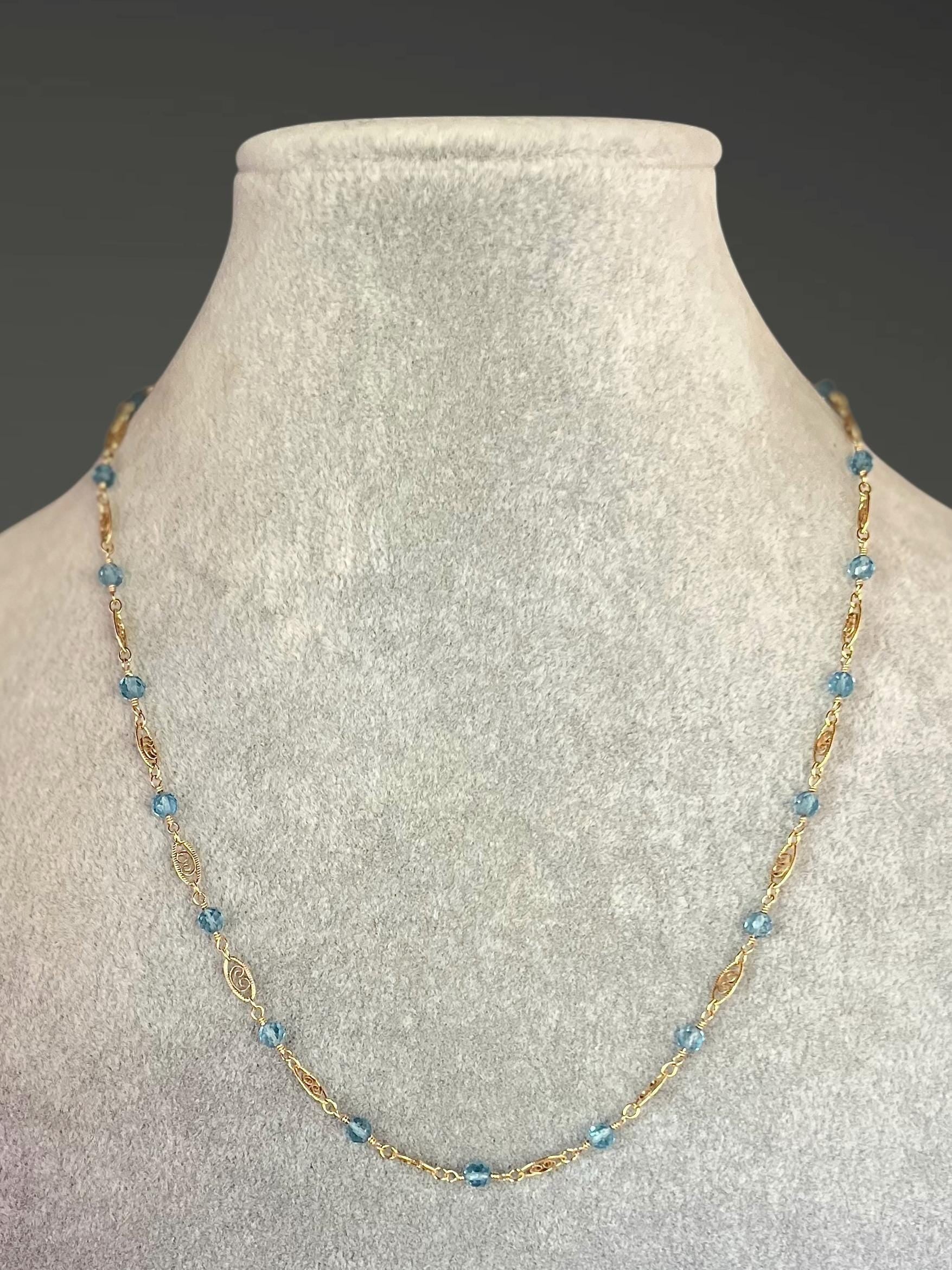 Blue Topaz and Gold Filled Filigree Link Chain Necklace