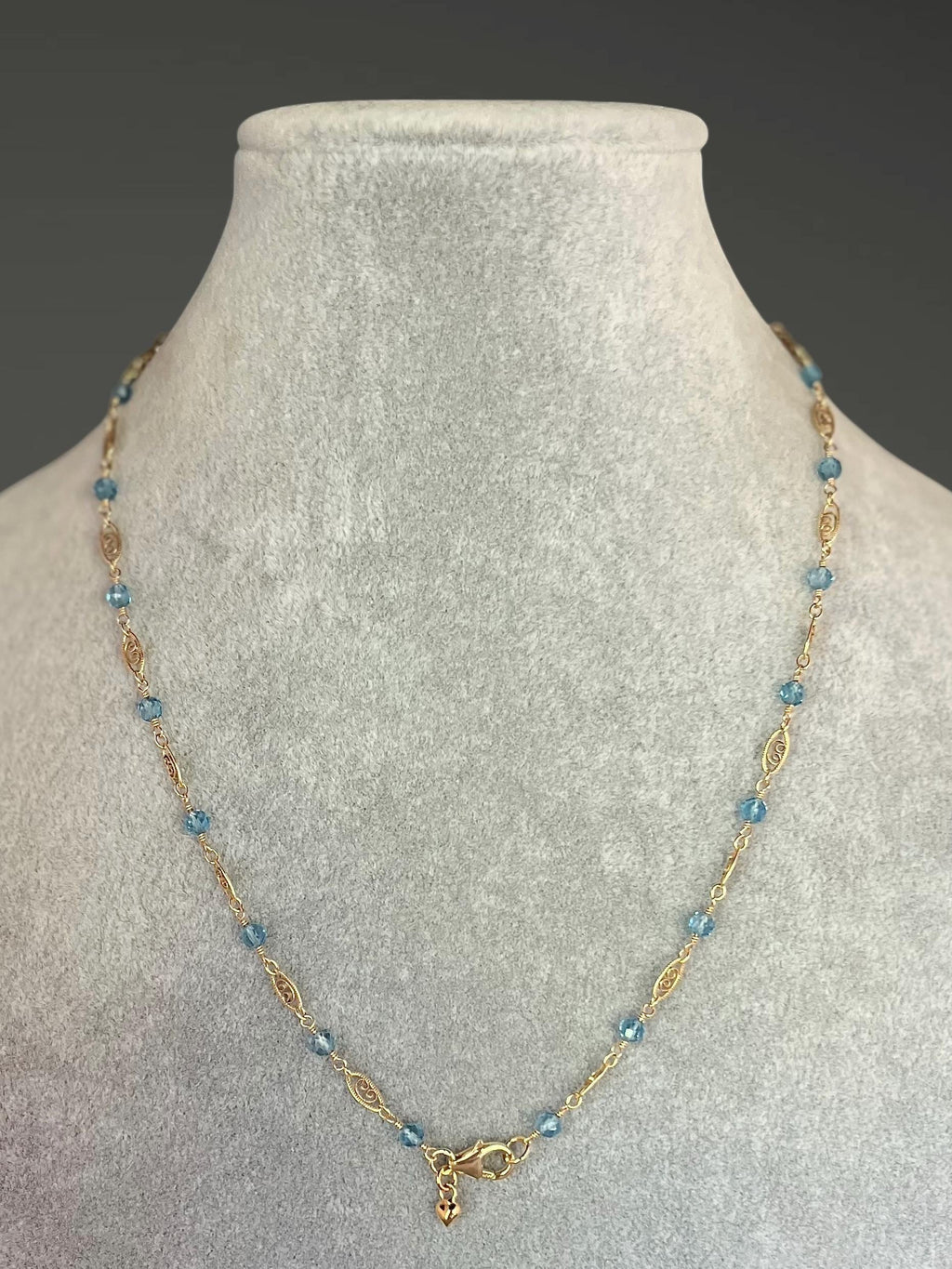 Blue Topaz and Gold Filled Filigree Link Chain Necklace