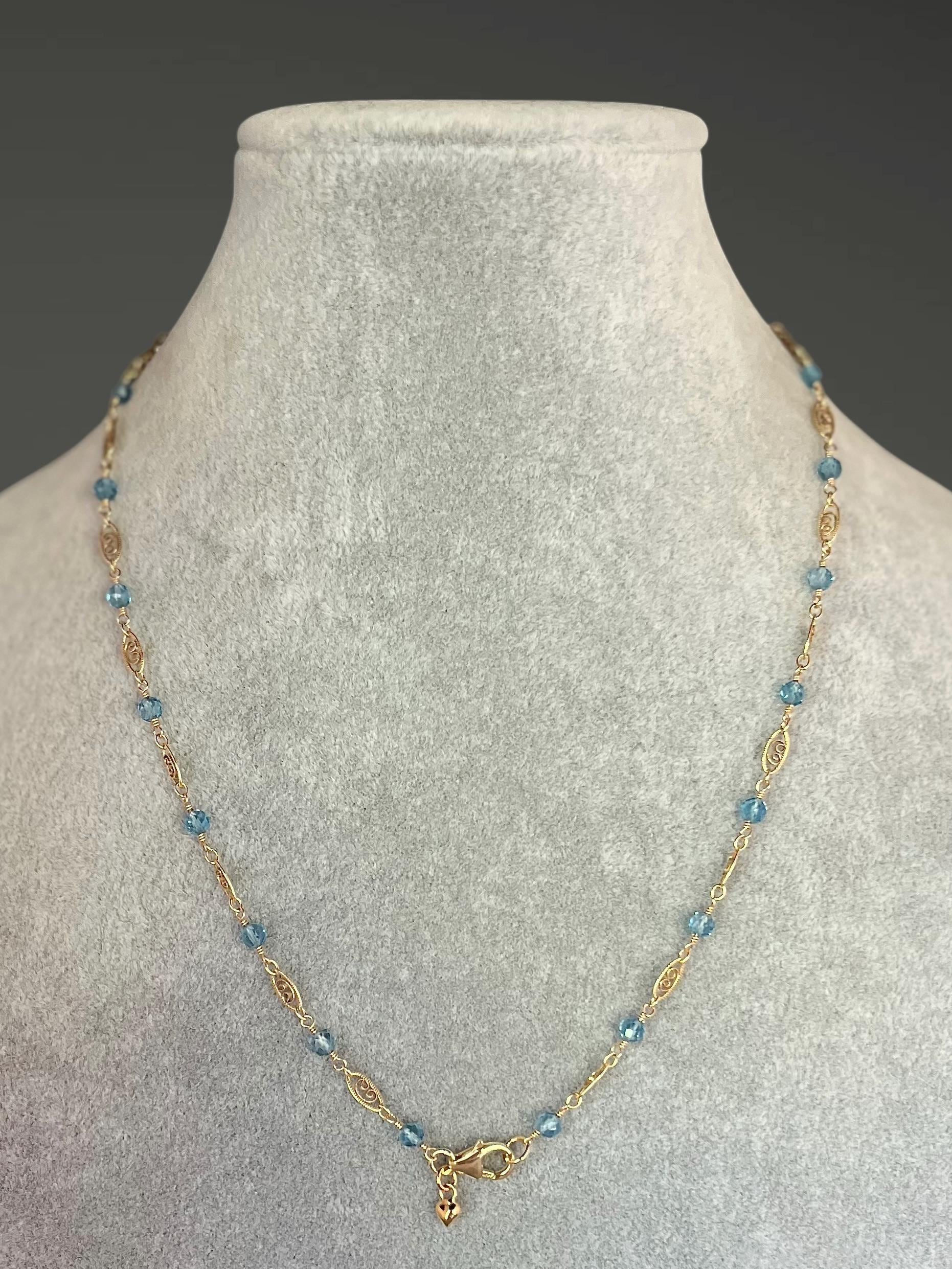 Blue Topaz and Gold Filled Filigree Link Chain Necklace