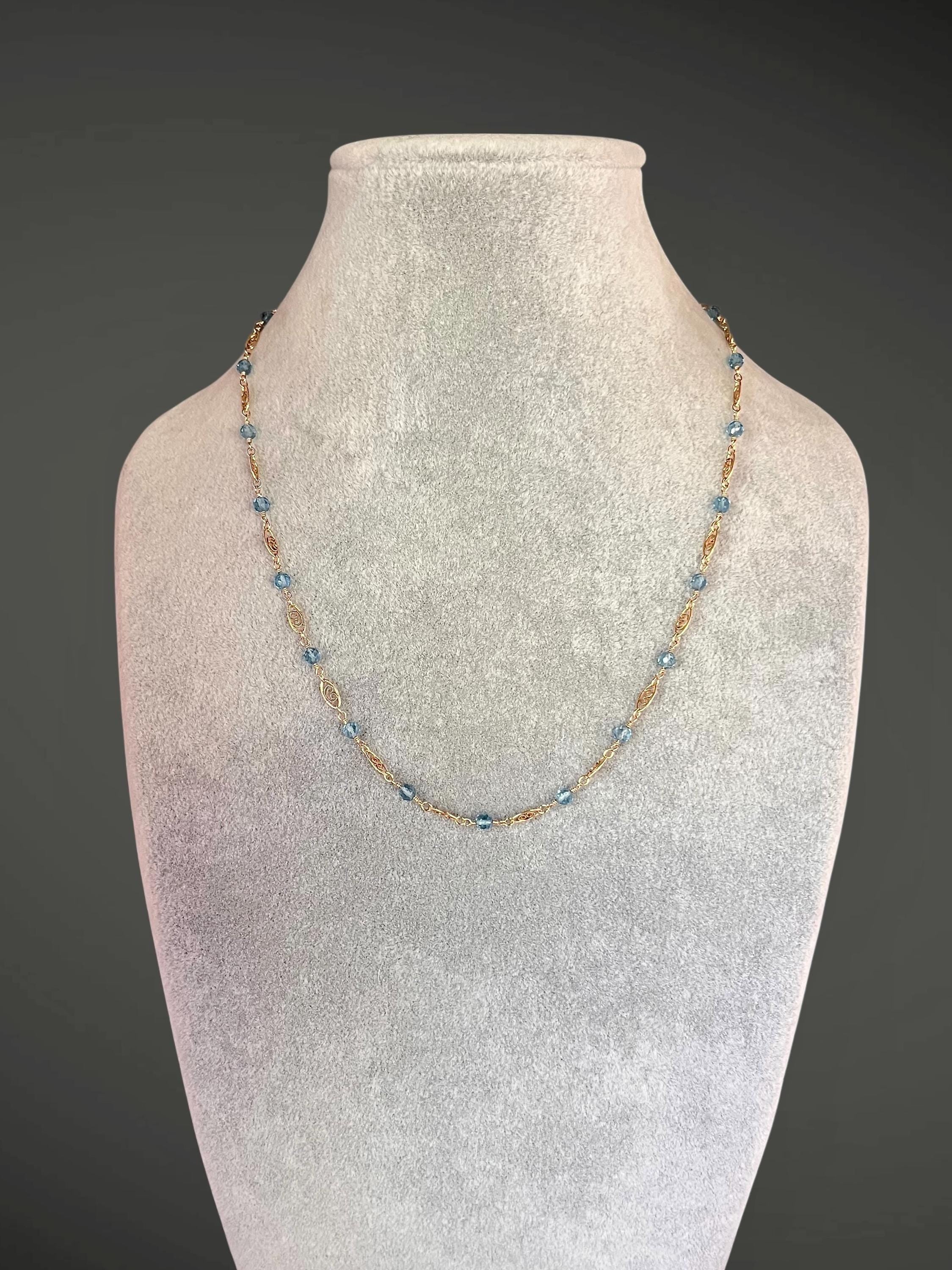 Blue Topaz and Gold Filled Filigree Link Chain Necklace