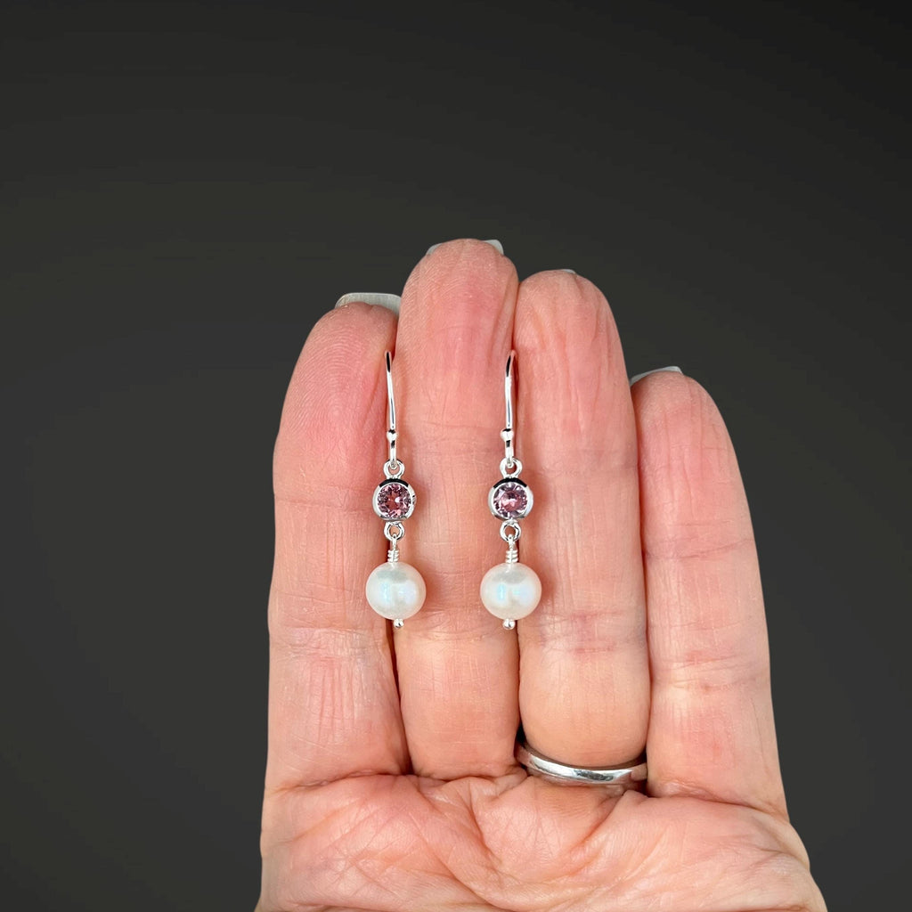 Pink Tourmaline and Freshwater Pearl Dangle Earrings in Sterling Silver