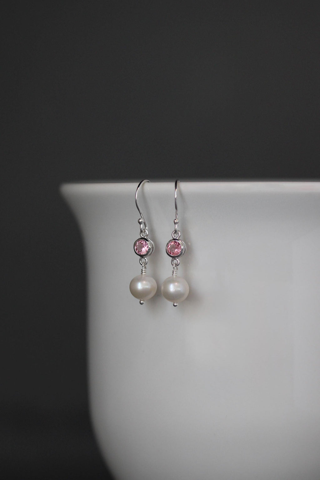 Pink Tourmaline and Freshwater Pearl Dangle Earrings in Sterling Silver