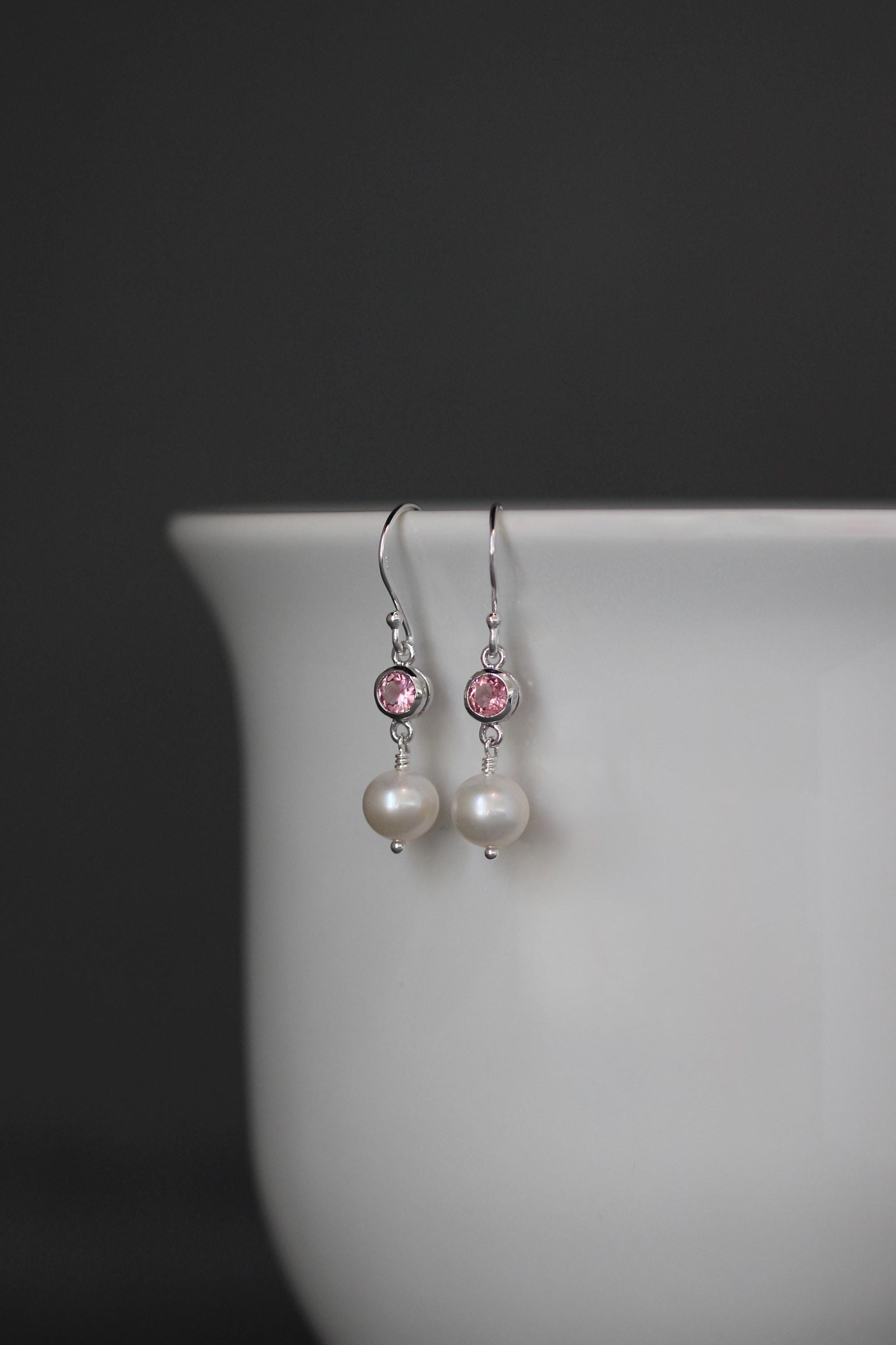Pink Tourmaline and Freshwater Pearl Dangle Earrings in Sterling Silver