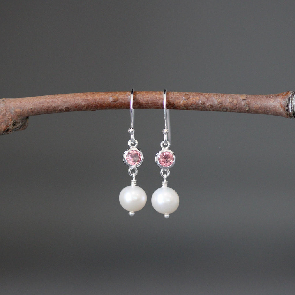 Pink Tourmaline and Freshwater Pearl Dangle Earrings in Sterling Silver