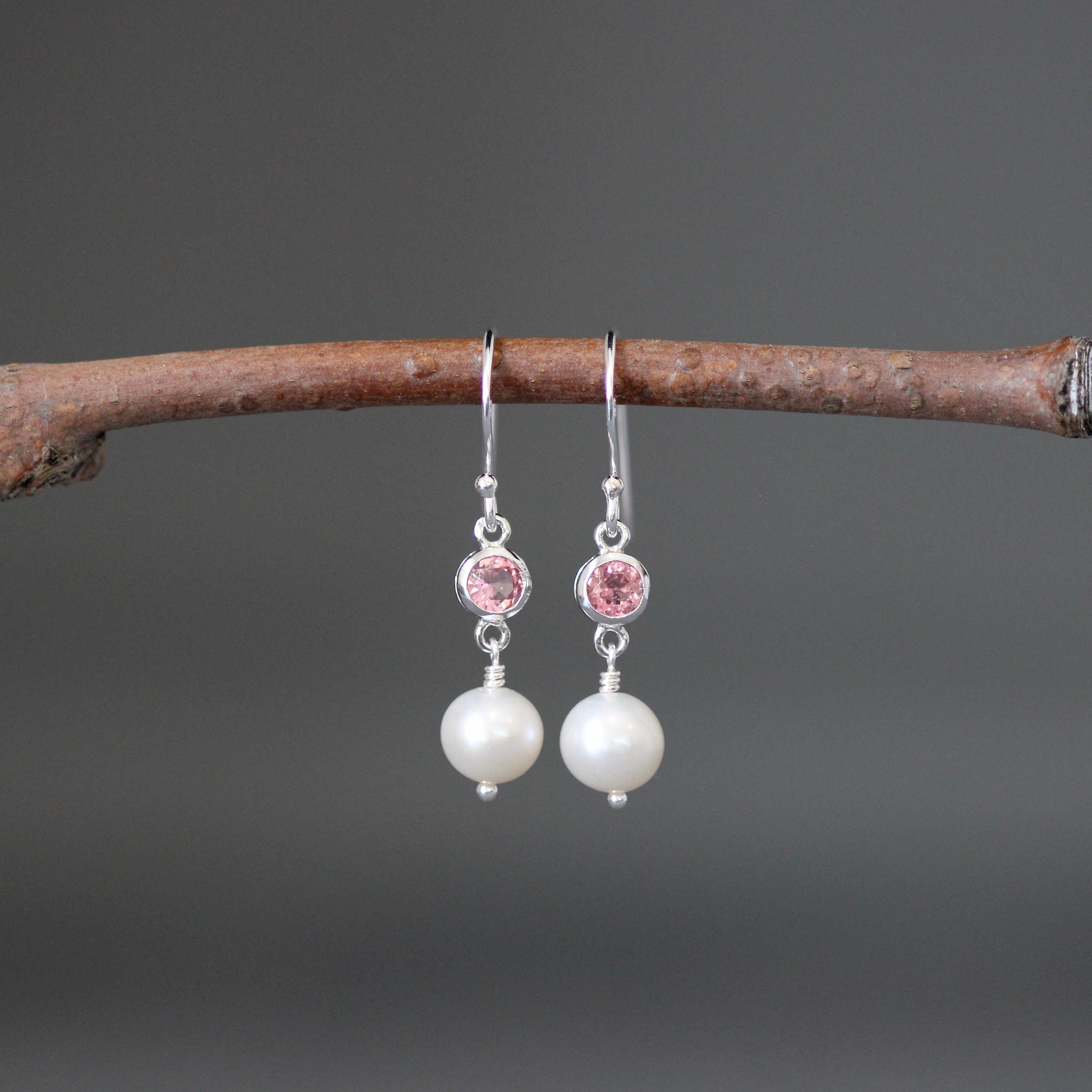 Pink Tourmaline and Freshwater Pearl Dangle Earrings in Sterling Silver