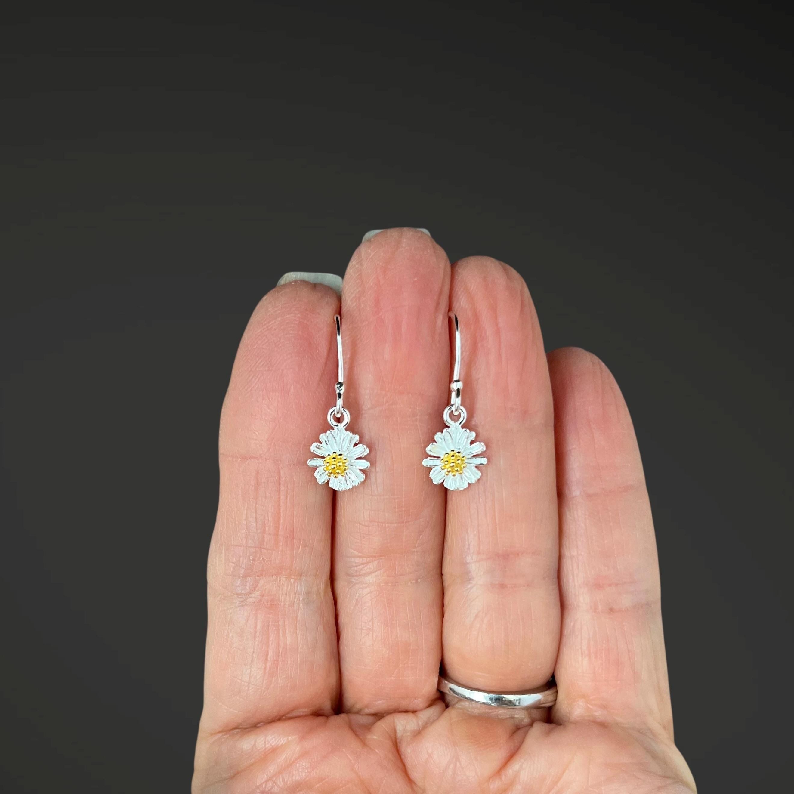 Sterling Silver Daisy Flower Earrings with Gold Vermeil Centers