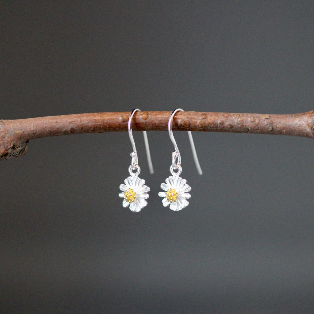 Sterling Silver Daisy Flower Earrings with Gold Vermeil Centers