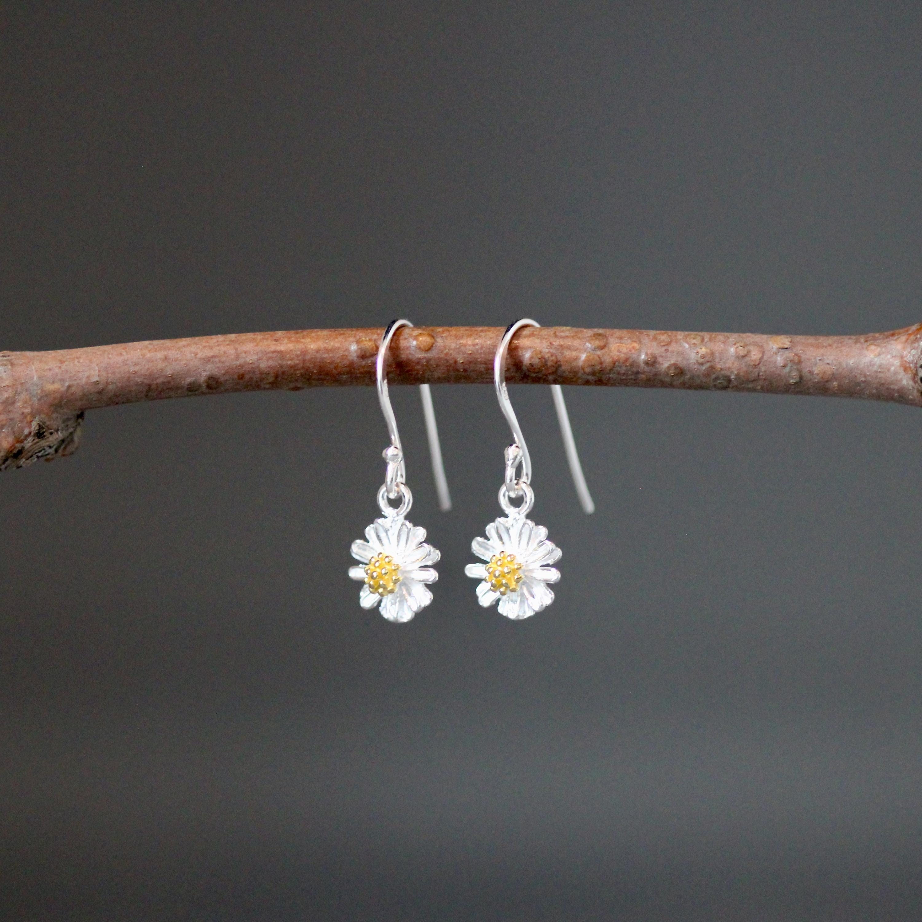 Sterling Silver Daisy Flower Earrings with Gold Vermeil Centers