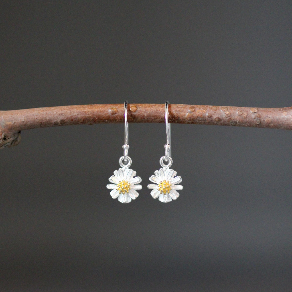 Sterling Silver Daisy Flower Earrings with Gold Vermeil Centers