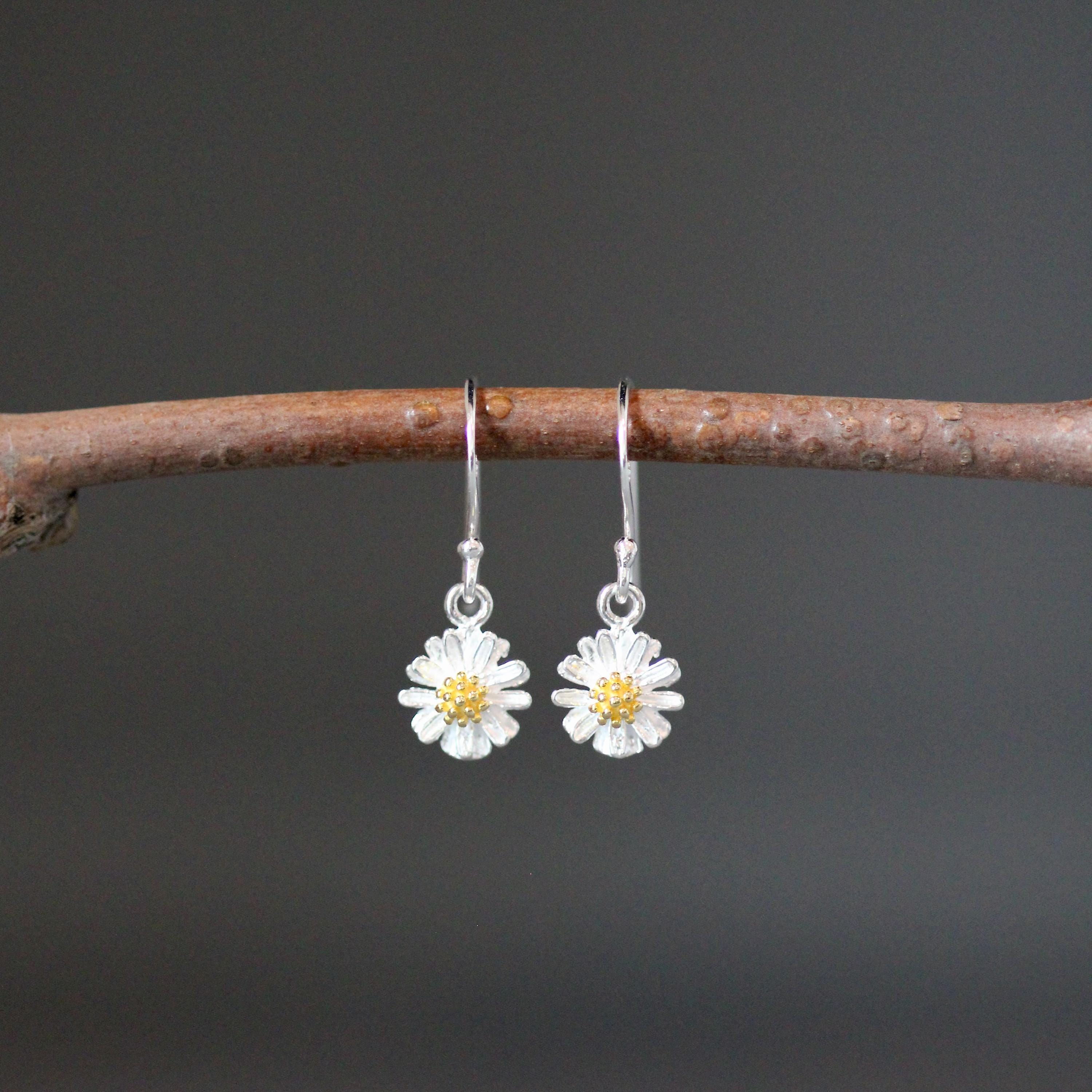 Sterling Silver Daisy Flower Earrings with Gold Vermeil Centers
