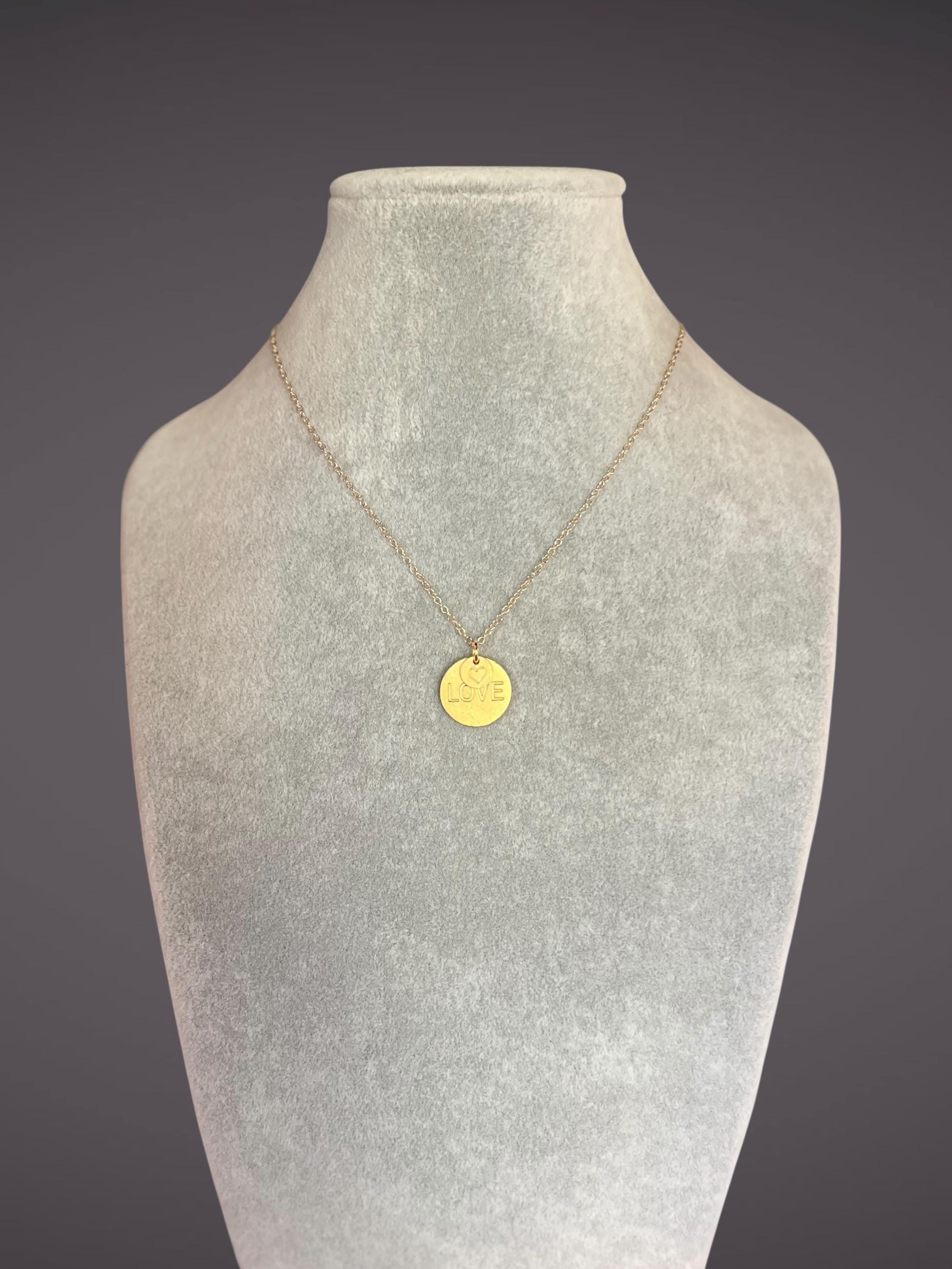 Stamped Heart and Love Charm Necklace in Gold Vermeil and Gold Filled Chain
