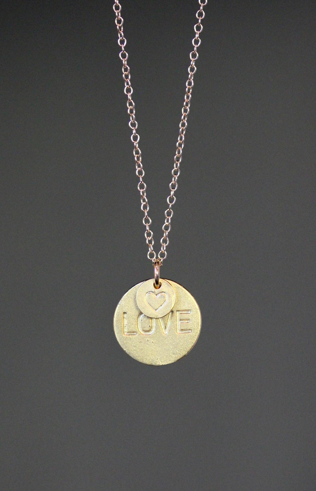 Stamped Heart and Love Charm Necklace in Gold Vermeil and Gold Filled Chain