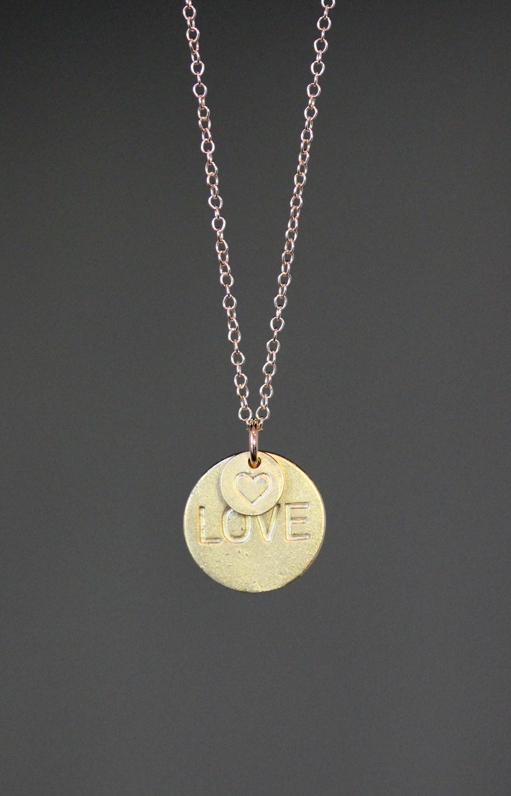 Stamped Heart and Love Charm Necklace in Gold Vermeil and Gold Filled Chain